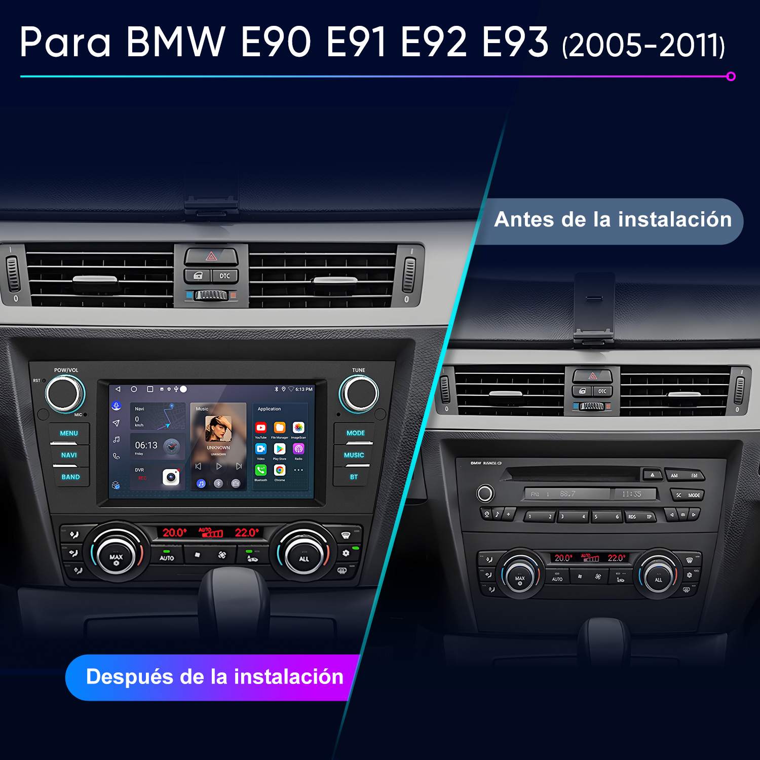 La imagen muestra el salpicadero de un coche antes y después de la instalación de la radio. Muestra controles, pantallas y rejillas de ventilación.