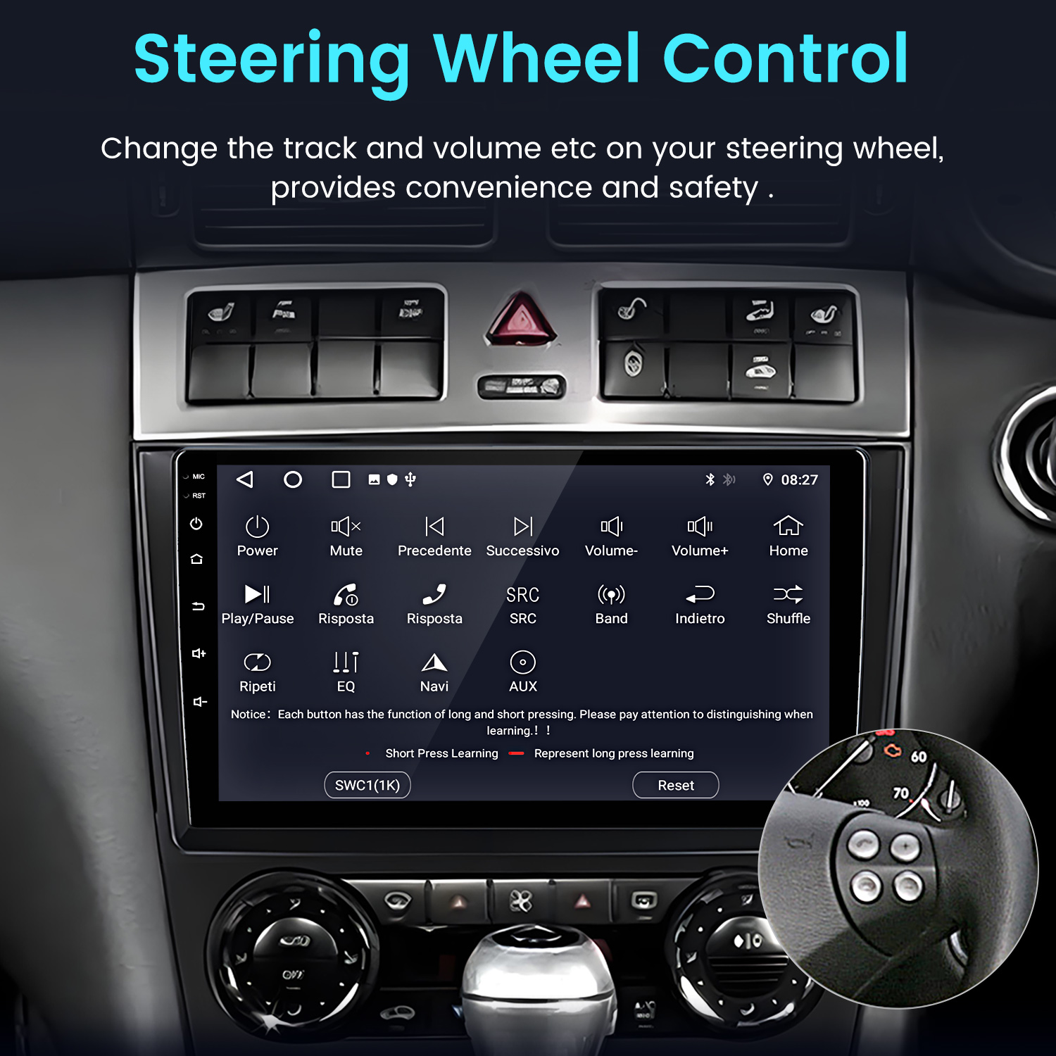 Panel del coche con pantalla mostrando controles, texto sobre control del volante y volante con botones.