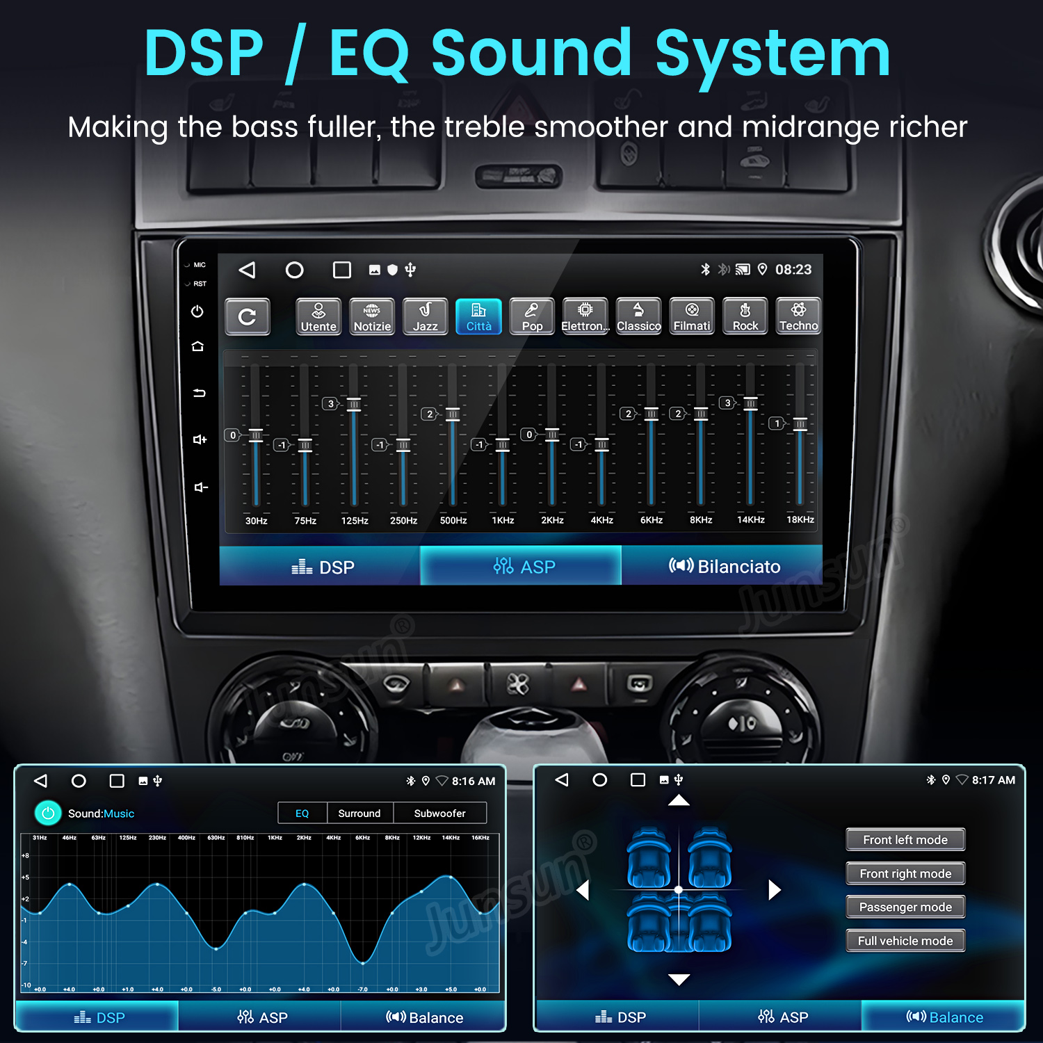 Interfaz del sistema de audio del coche con ajustes de ecualización y sonido. Muestra diferentes modos y controles de frecuencia.