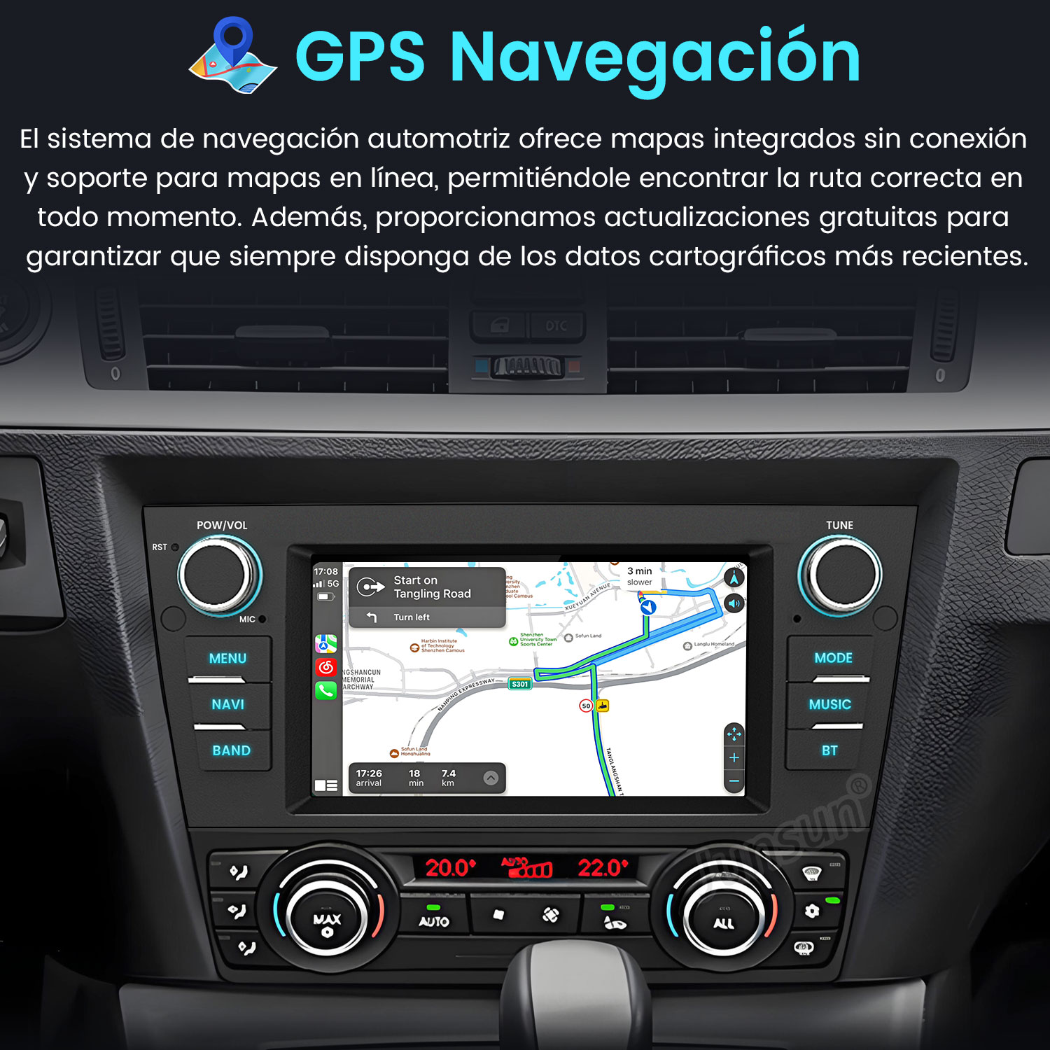 Sistema de navegación del coche con mapa en pantalla. Controles y botones visibles, así como pantallas de temperatura.