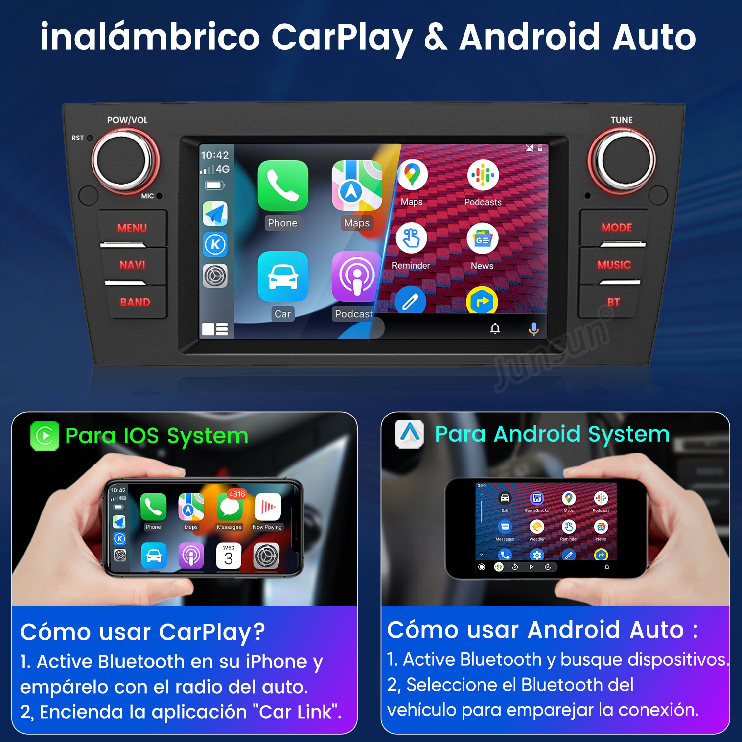 Radio de coche con CarPlay y Android Auto. Muestra teléfono, mapas, podcasts y otras aplicaciones. Incluye instrucciones de uso.