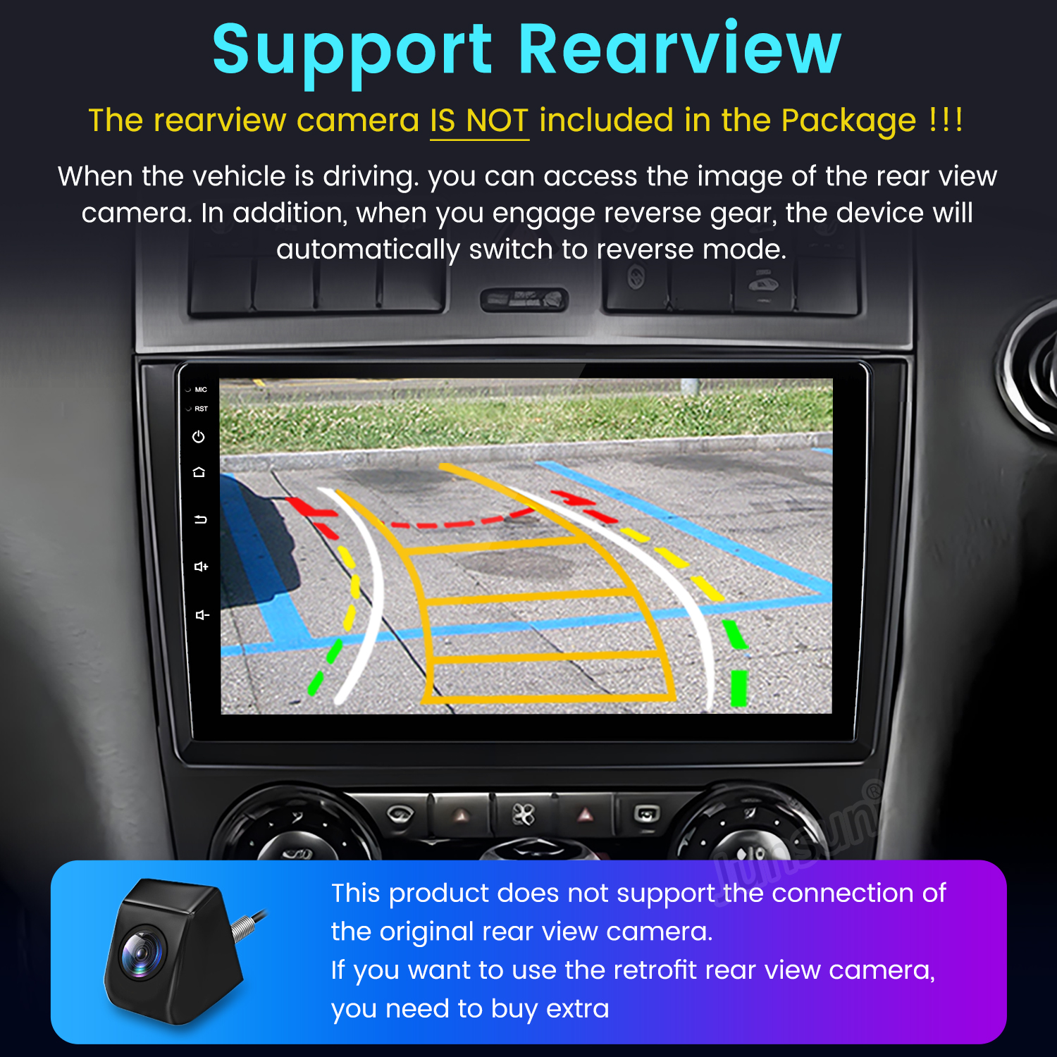 Panel de automóvil con pantalla mostrando vista trasera. El texto menciona soporte de cámara de visión trasera e instrucciones.