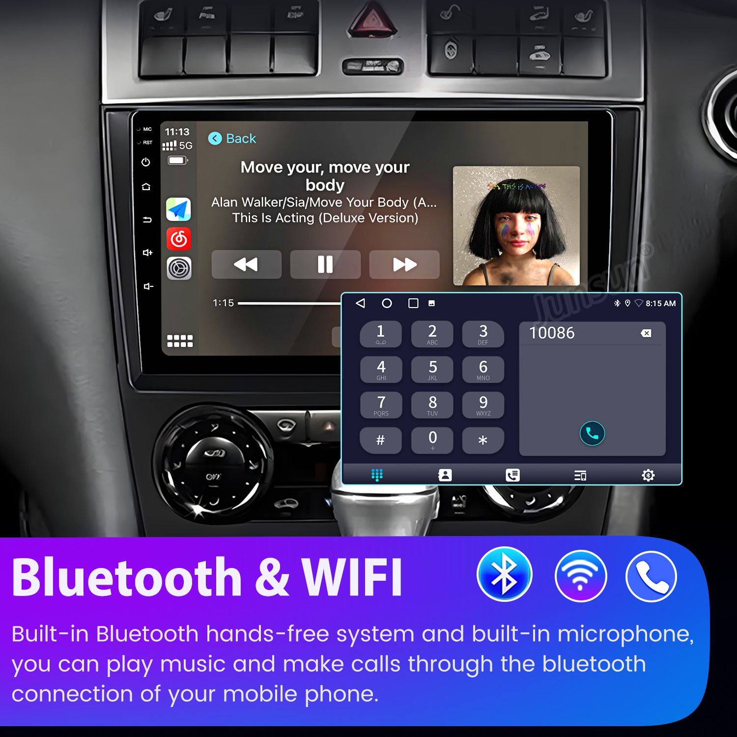 Sistema de infoentretenimiento del coche reproduciendo música, con un marcador telefónico en pantalla. Se destacan las funciones Bluetooth y WiFi.