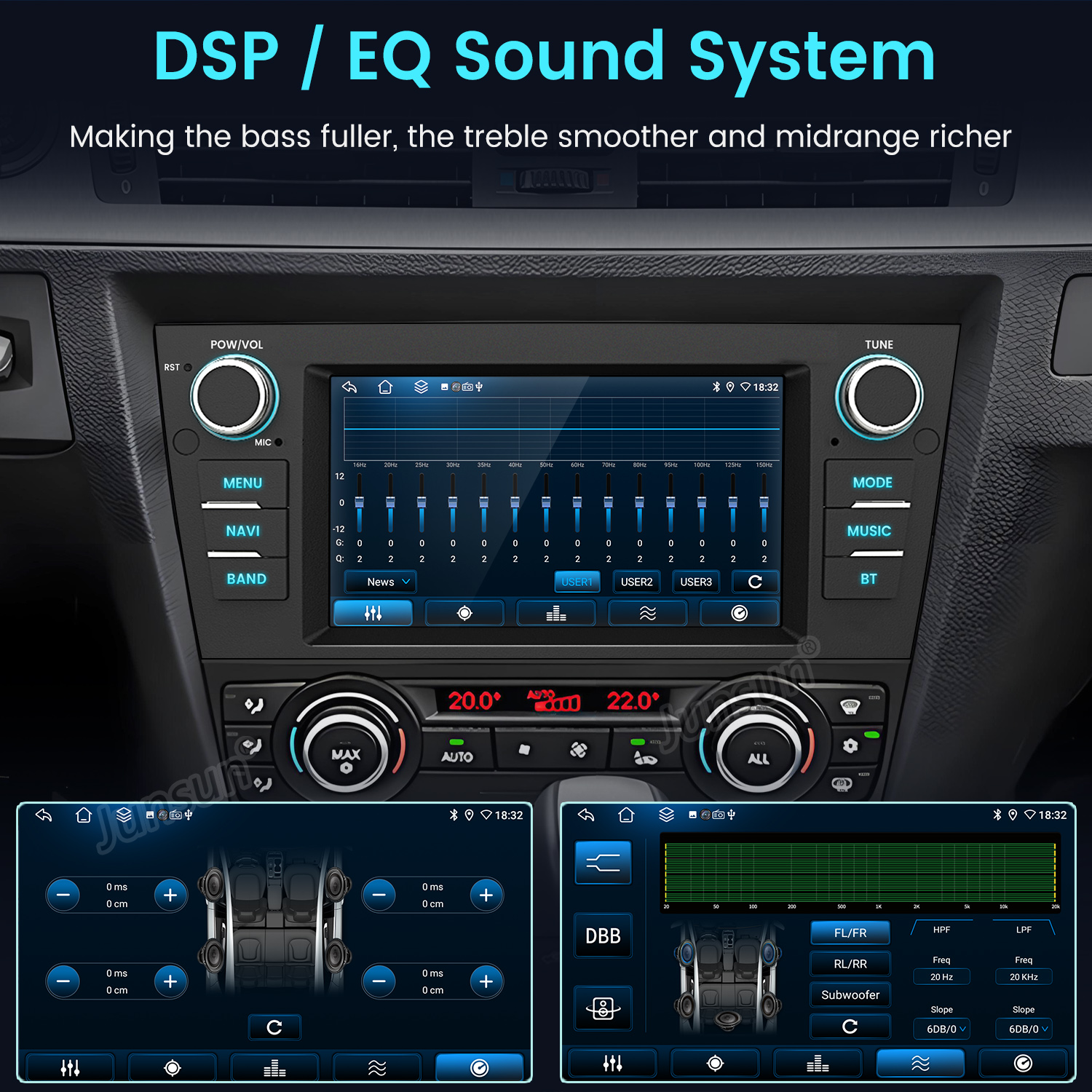 Interfaz del sistema de audio del coche. Muestra ajustes del ecualizador, temperatura y opciones de sonido.