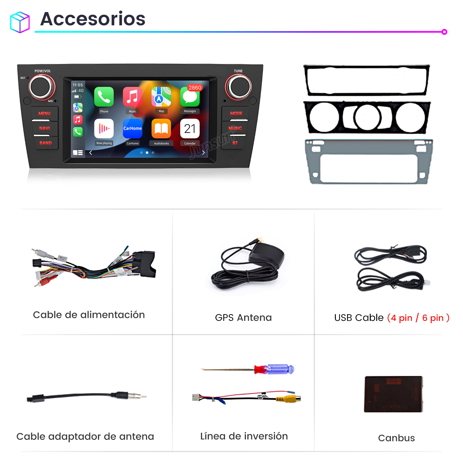Radio de coche con accesorios: cables, antena GPS, cable USB, cable adaptador, línea de inversión y Canbus.