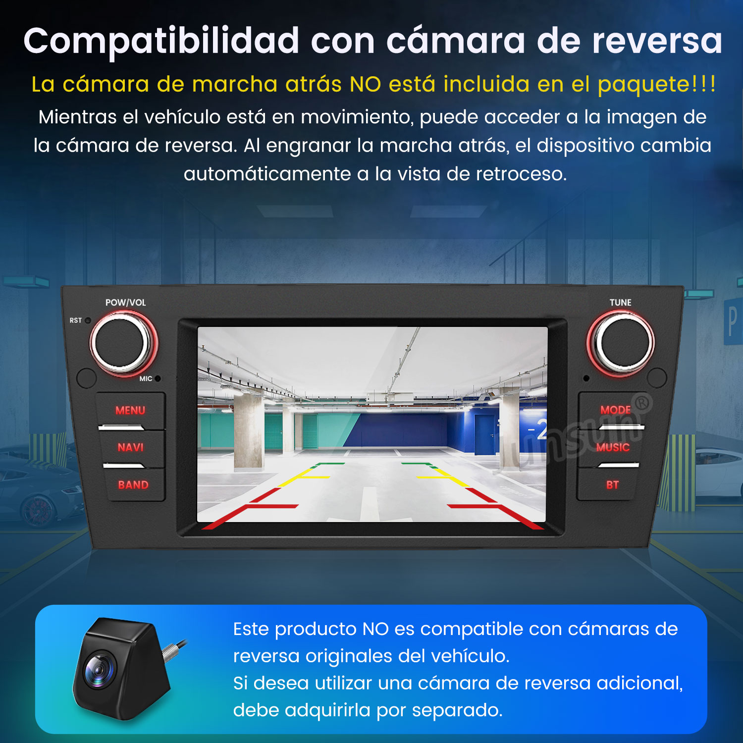 Una pantalla de radio para automóvil muestra una vista de un estacionamiento. Botones a la izquierda y a la derecha. Una cámara de marcha atrás se muestra debajo.