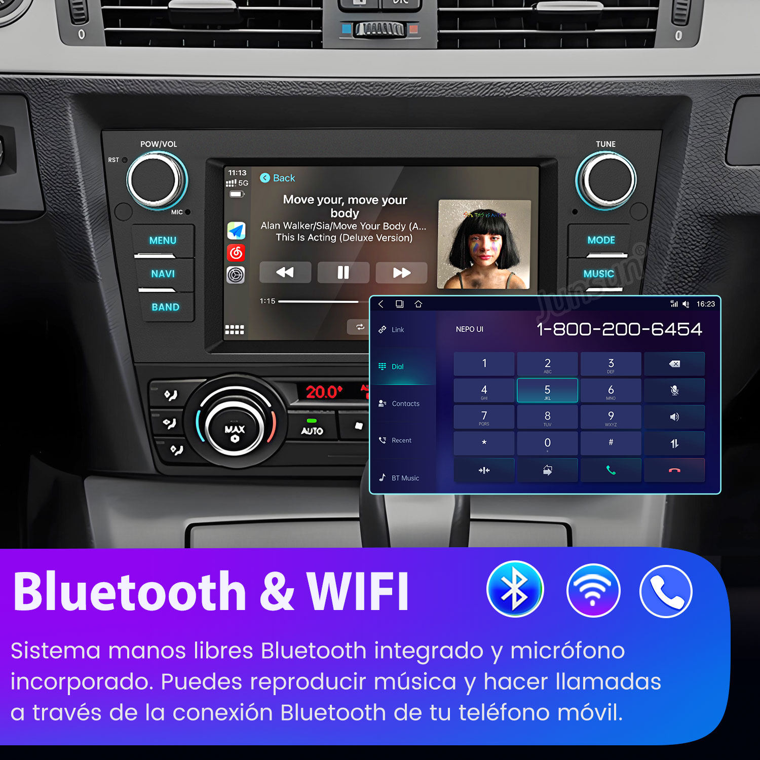 La pantalla del estéreo del coche muestra la música en reproducción. Un teclado telefónico está en el lado derecho. Logos de Bluetooth y WiFi abajo.