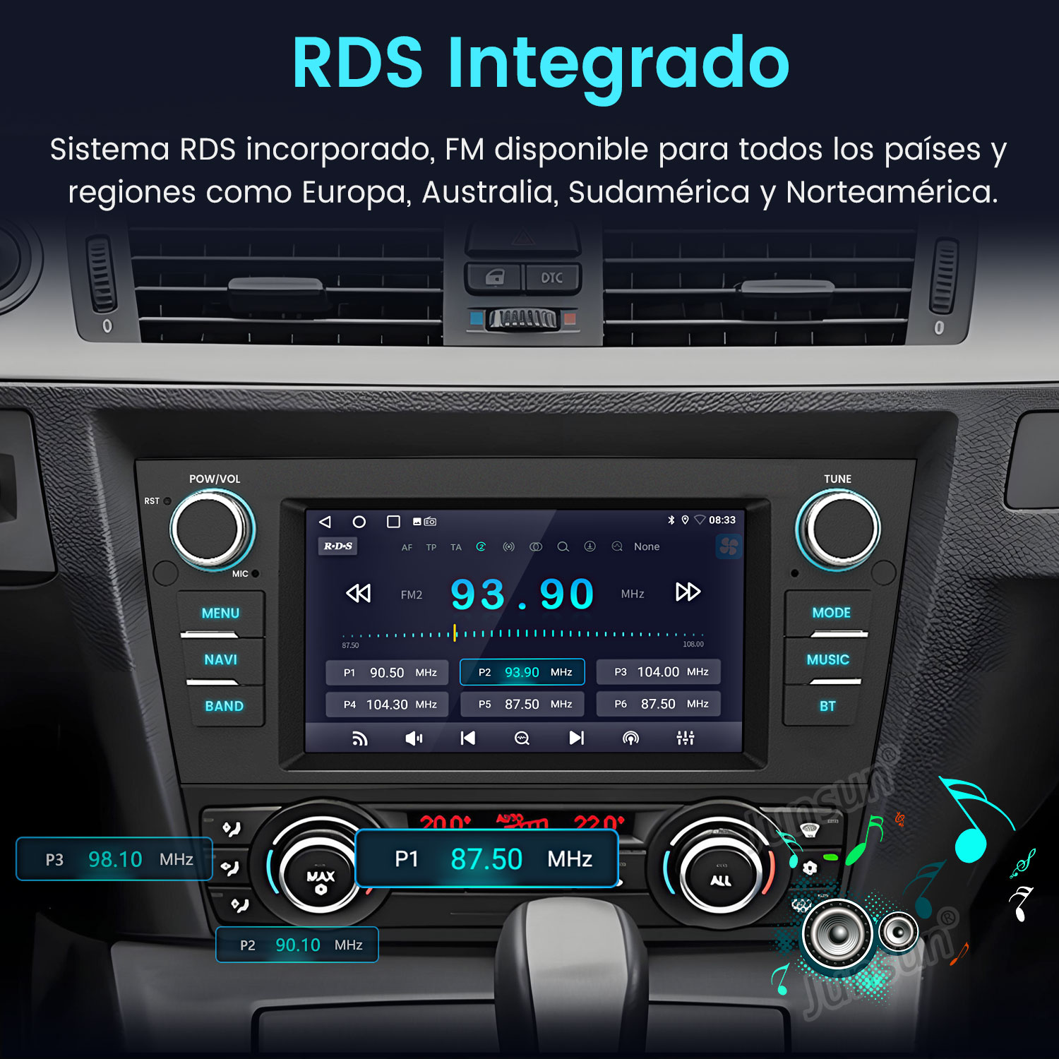 Radio de coche con RDS. La pantalla muestra la frecuencia FM 93,90 MHz. Incluye botones para menú, navegación y selección de banda.