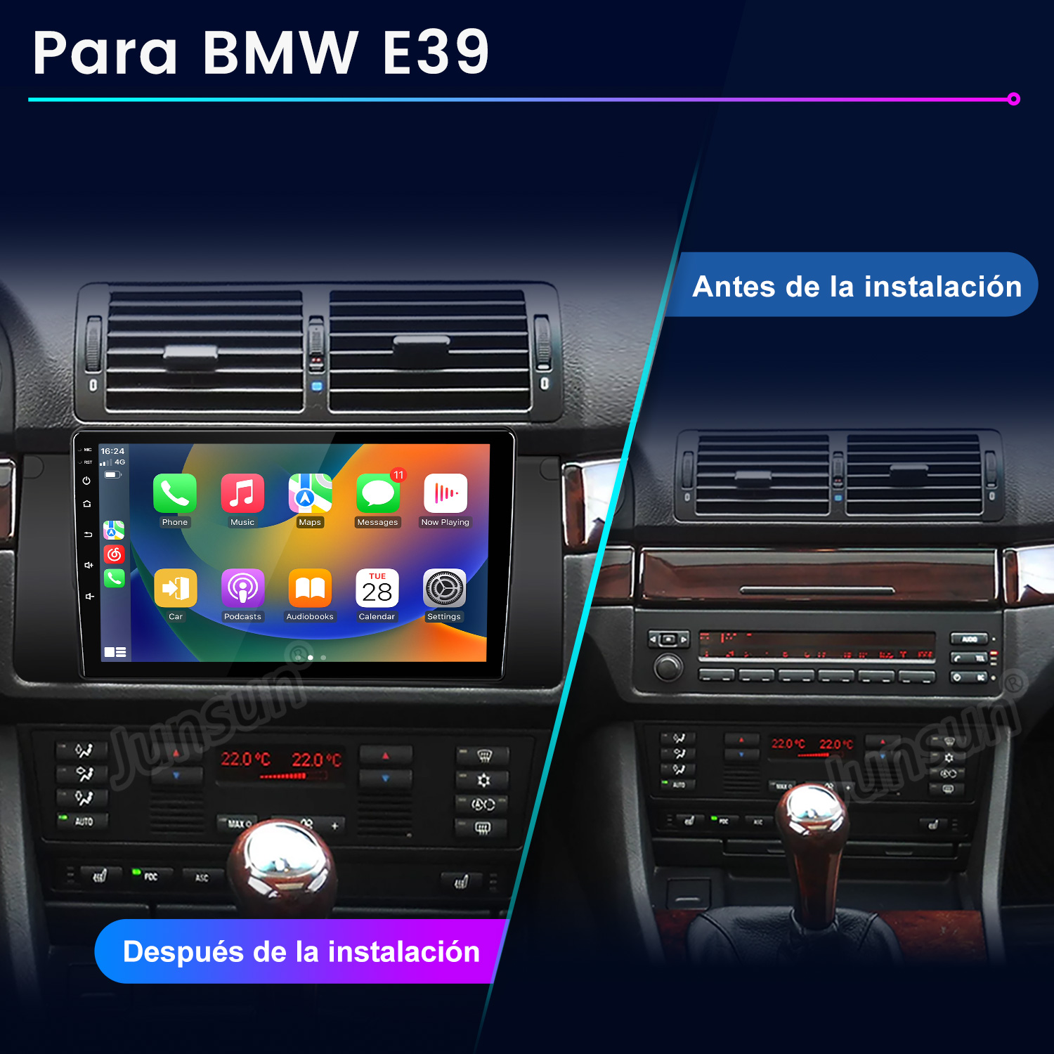 Comparación del salpicadero del coche: antes y después de la instalación. Muestra un reemplazo de radio de coche con pantalla digital.