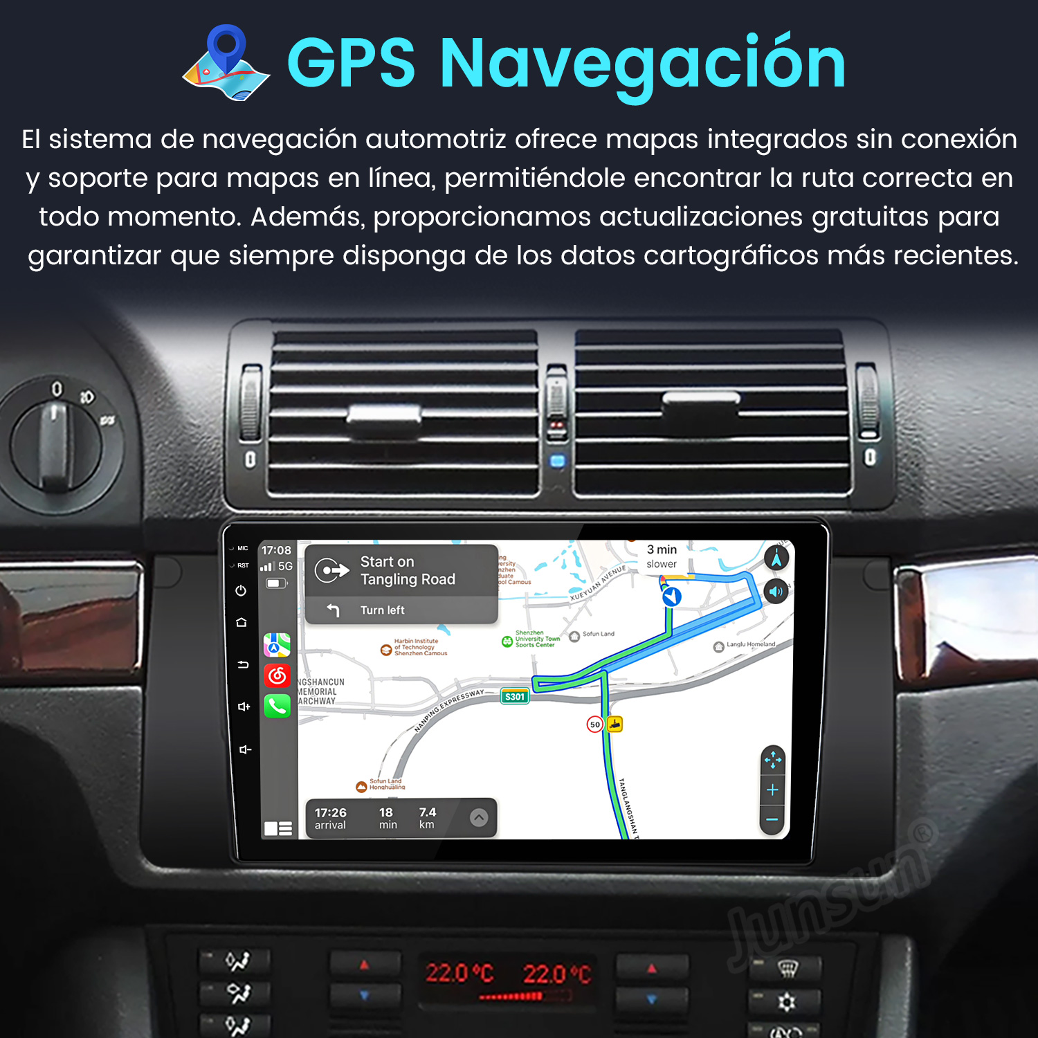 Tablero de coche con pantalla de navegación GPS que muestra un mapa de ruta. La pantalla de temperatura muestra 22 grados Celsius.