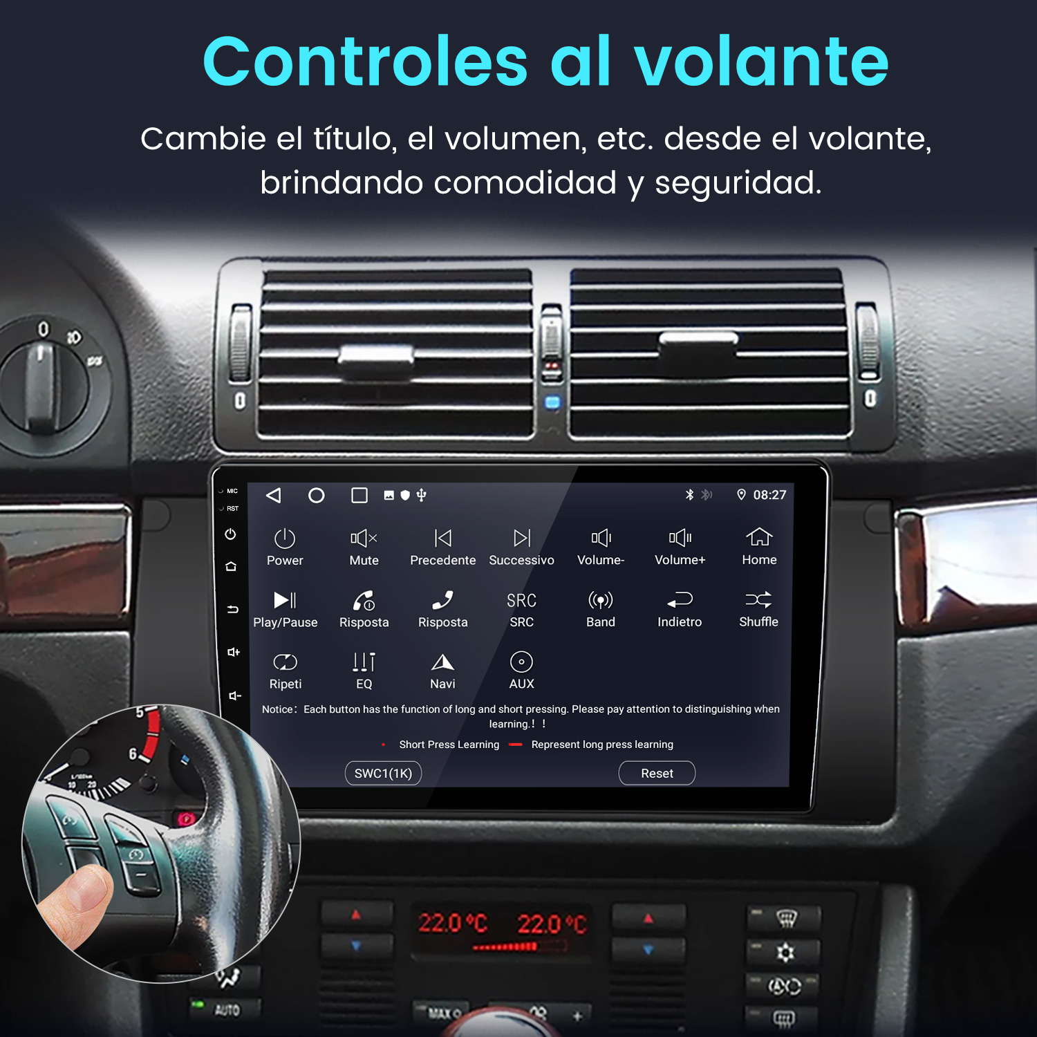 Interior del coche con pantalla mostrando controles, volante a la izquierda, botones y pantalla de temperatura.