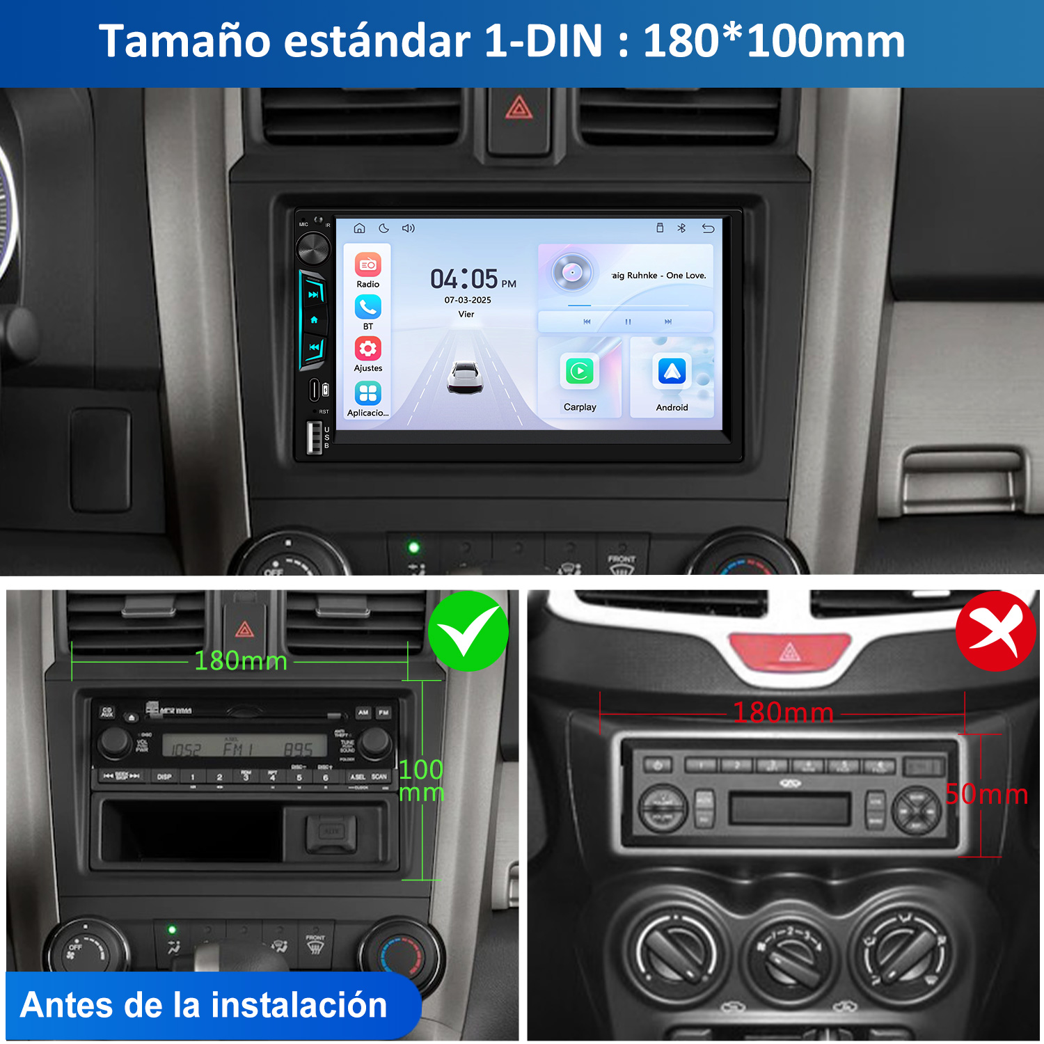 Autoradio con pantalla, dimensiones 180x100mm. Muestra opciones de radio, CarPlay y Android. Incluye ejemplos de instalación antes y después.