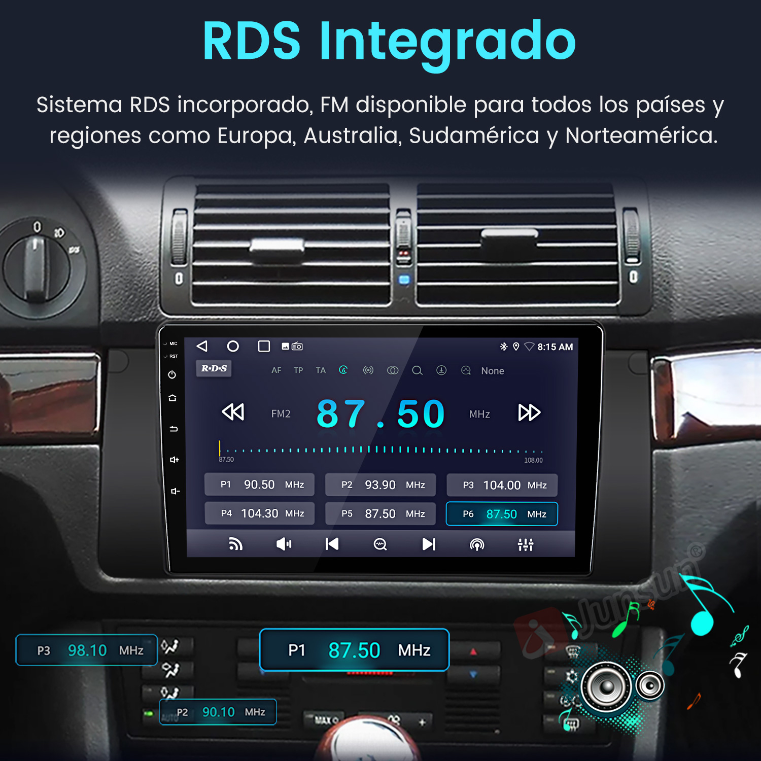 La pantalla de la radio del coche muestra FM 87.50 MHz. Texto RDS Integrado. Botones y controles visibles. Interior del tablero negro.