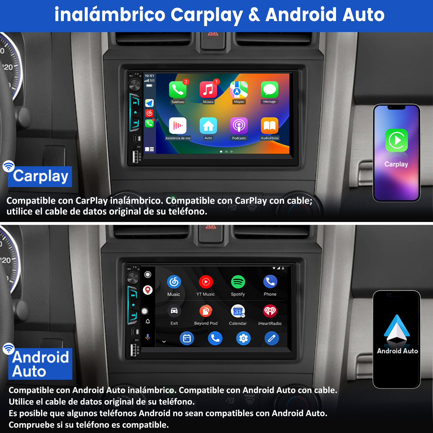 Pantalla del estéreo del coche con aplicaciones, un teléfono con logotipos de CarPlay y Android Auto.