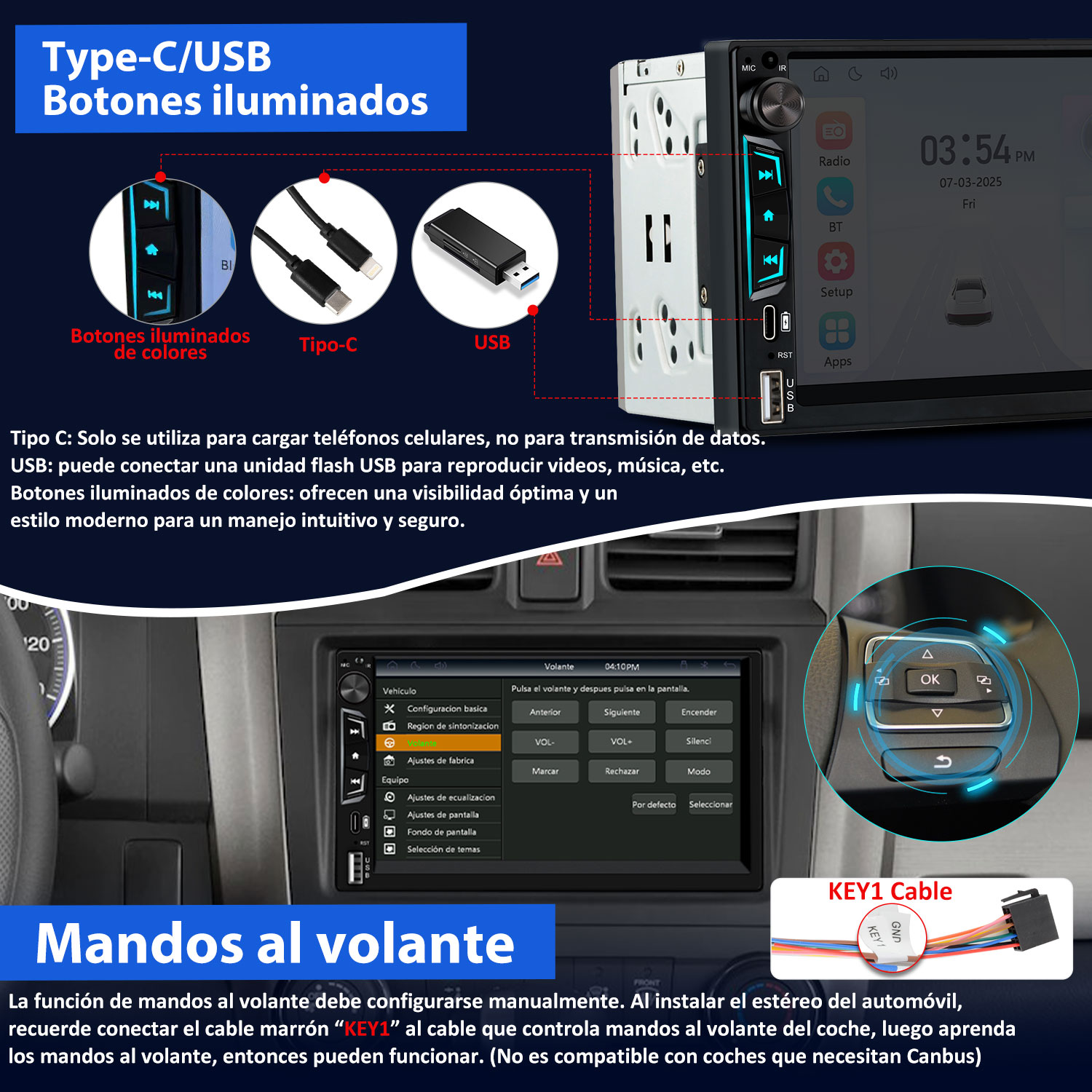 Radio de coche con botones iluminados, puertos USB y Tipo-C. Incluye controles del volante y detalles de conexión de cable.