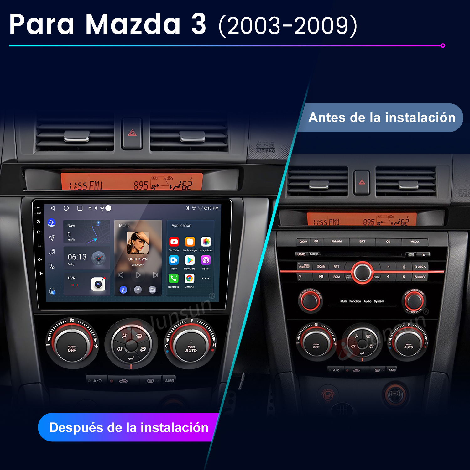 Comparación del salpicadero del Mazda 3 antes y después de instalar un nuevo sistema multimedia, mostrando una nueva pantalla.