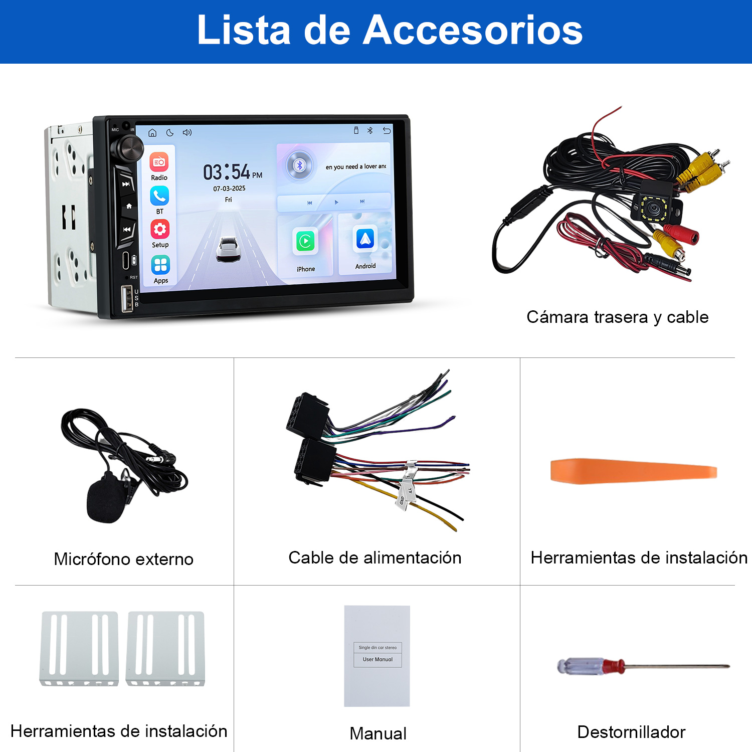 La imagen muestra accesorios de radio para automóvil: radio, micrófono, cables, herramientas, manual y destornillador. Todas las piezas son nuevas.