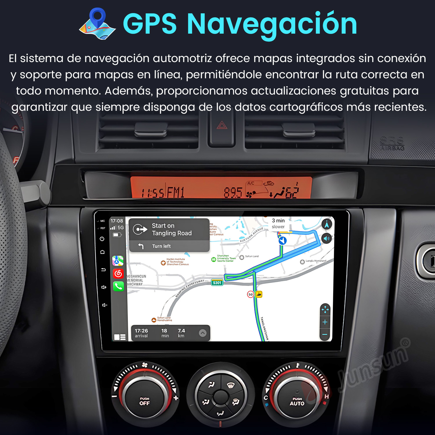 Sistema de navegación del coche mostrando un mapa con indicaciones. Controles y salpicadero visibles. Pantalla muestra ruta y tiempo.