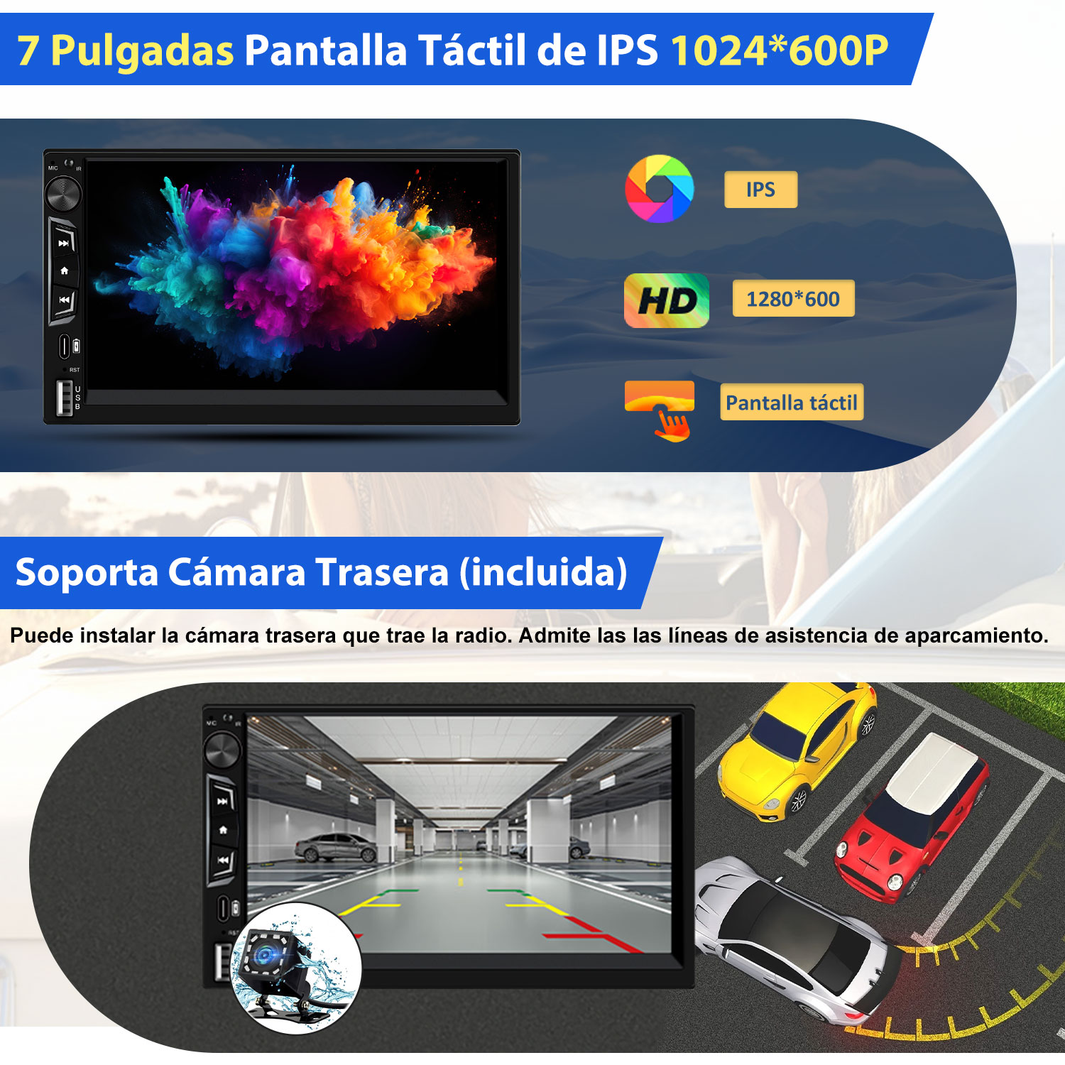 Autoradio con pantalla táctil que muestra una imagen colorida y tres coches aparcados en un aparcamiento.