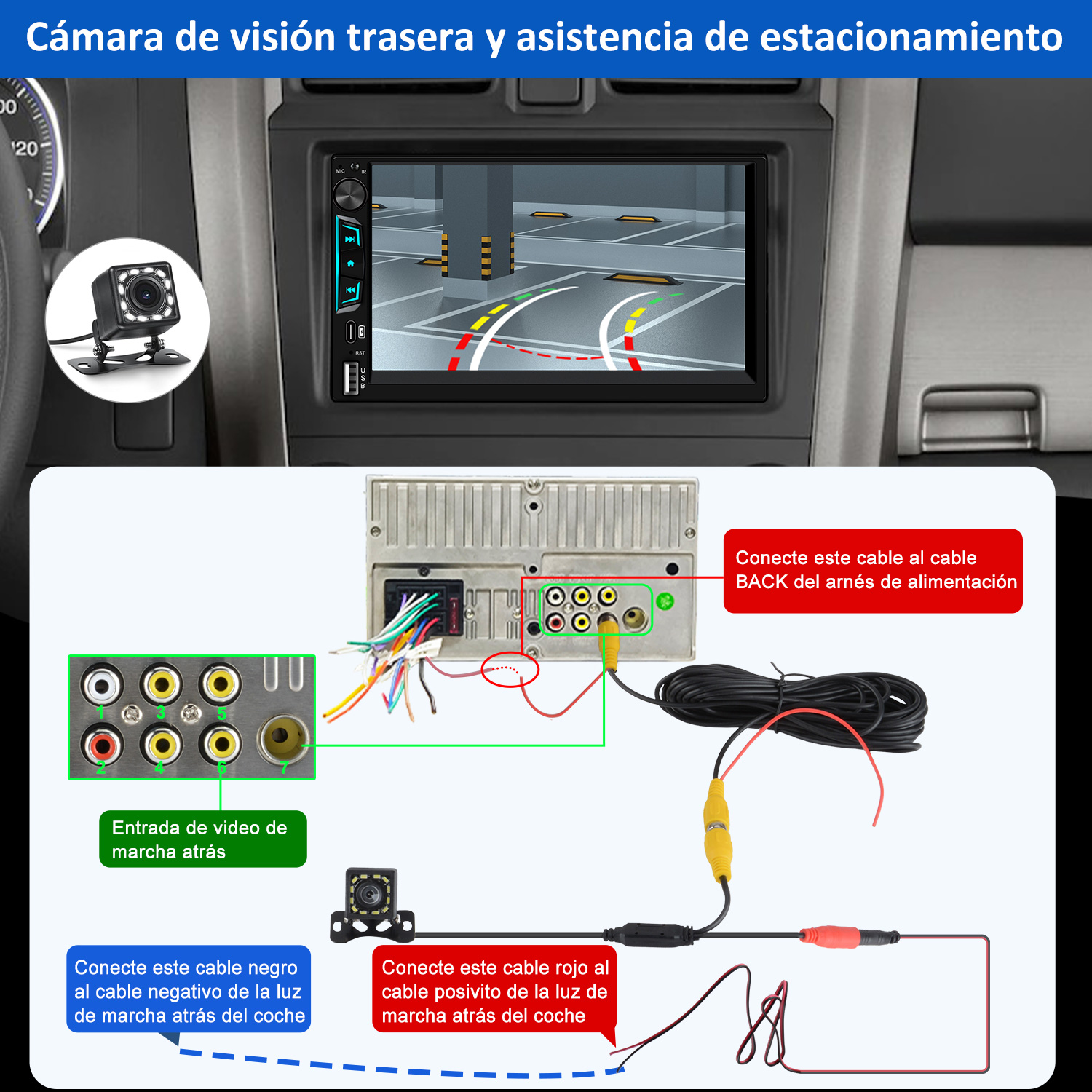 Una radio de coche con una pantalla de cámara de respaldo. La imagen muestra instrucciones de cableado, incluidas conexiones de cámara y alimentación.
