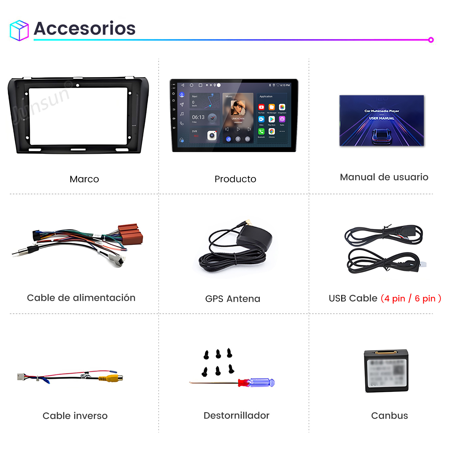 La imagen muestra accesorios para automóviles: un marco, una pantalla, un manual, cables, antena GPS, cable USB, cable inverso, destornillador y Canbus.