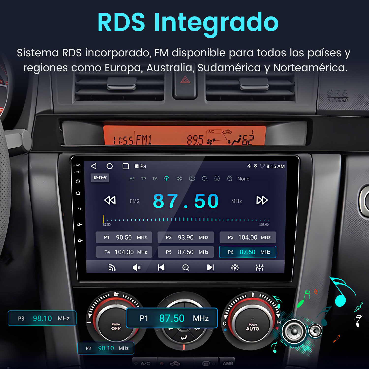 Pantalla de radio de coche mostrando la frecuencia FM 87.50 MHz. Controles y elementos del salpicadero visibles.