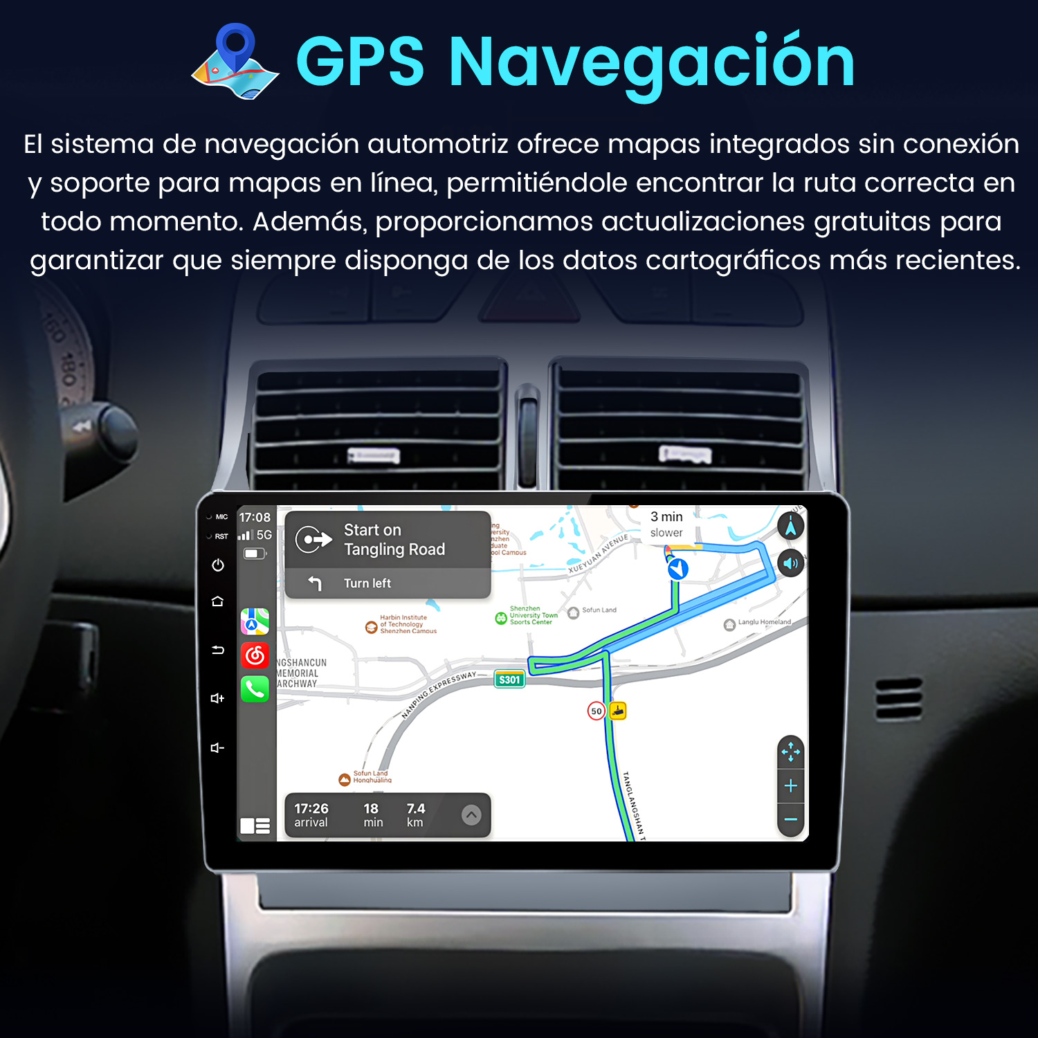 Pantalla de navegación del coche que muestra un mapa con guía de ruta e icono de navegación GPS.