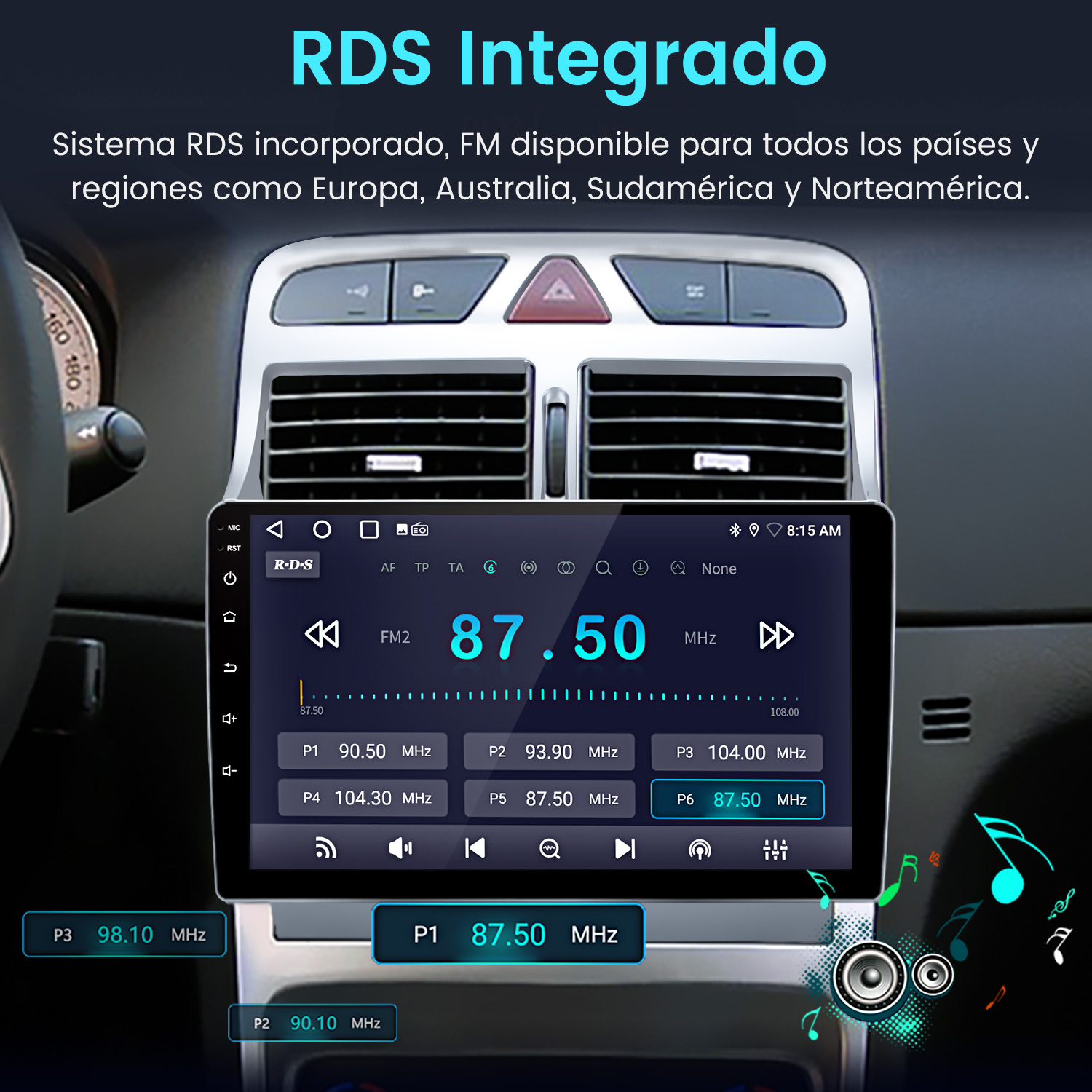 Pantalla de radio de coche muestra información de radio FM: frecuencia 87.50 MHz. Texto arriba: RDS Integrado. Interior del coche en el fondo.