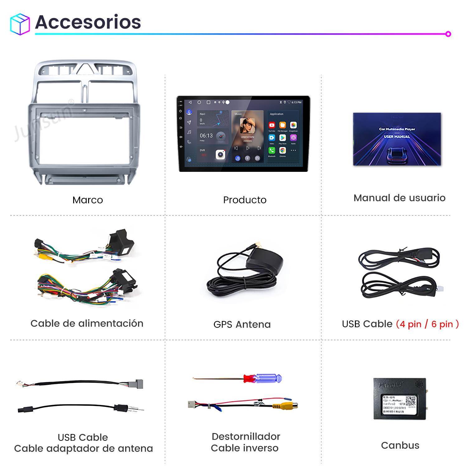 La imagen muestra accesorios para automóviles. Incluye un marco de radio, un reproductor multimedia, manual de usuario, cables, antena y un dispositivo canbus.