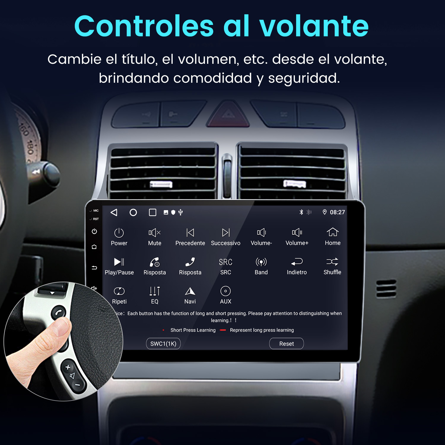 Una mano en un volante con botones. En el coche, una pantalla muestra opciones de volumen, navegación y otros controles.