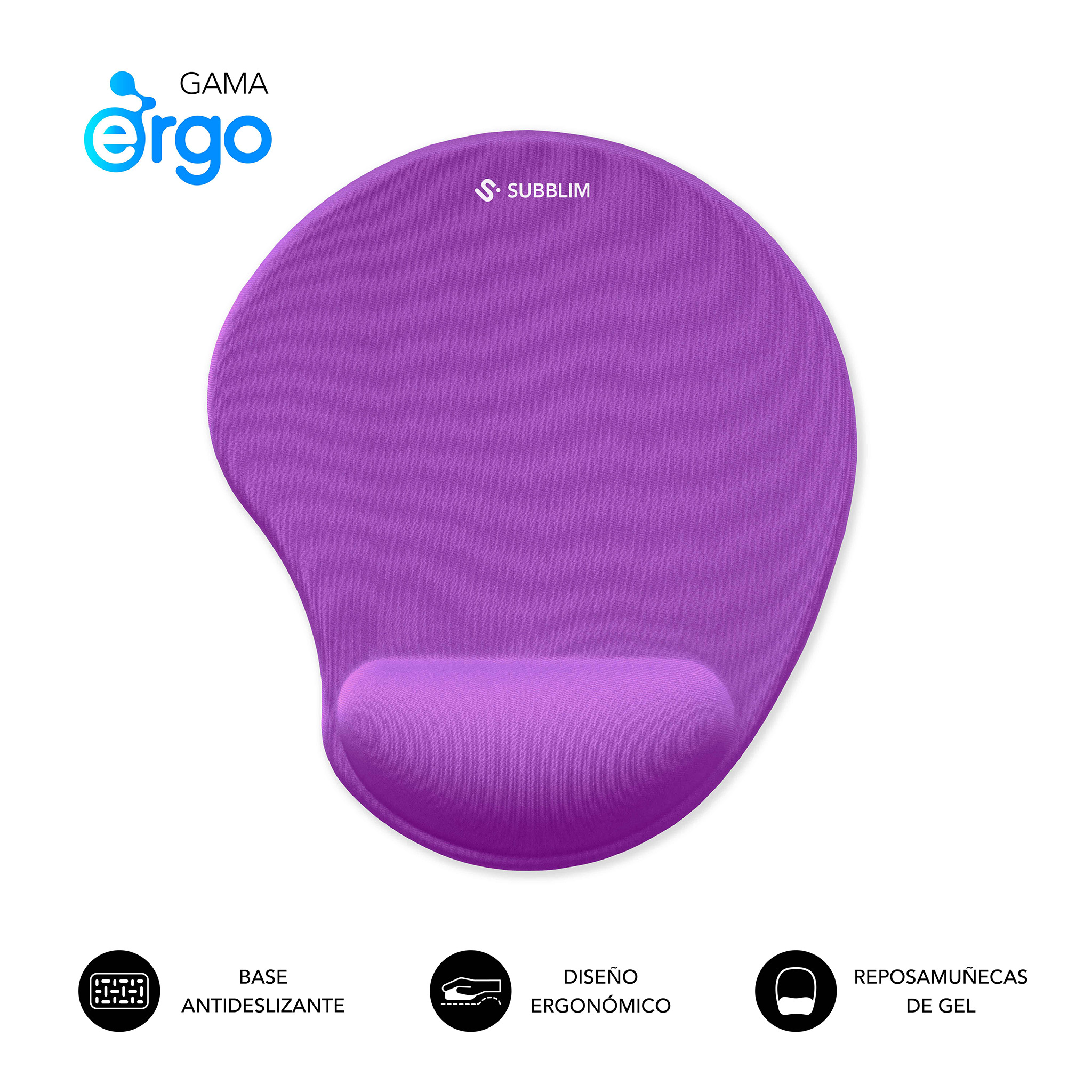 Una alfombrilla de ratón ergonómica morada con reposamuñecas. La almohadilla tiene la marca "Subblim" e incluye iconos de sus características.