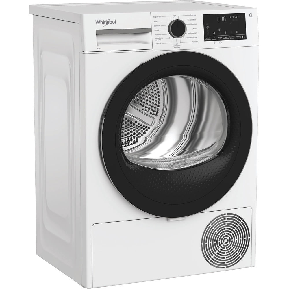 Un'asciugatrice Whirlpool bianca. Ha un telaio della porta nero e un pannello di controllo con pulsanti e un display. Una griglia circolare è in basso.