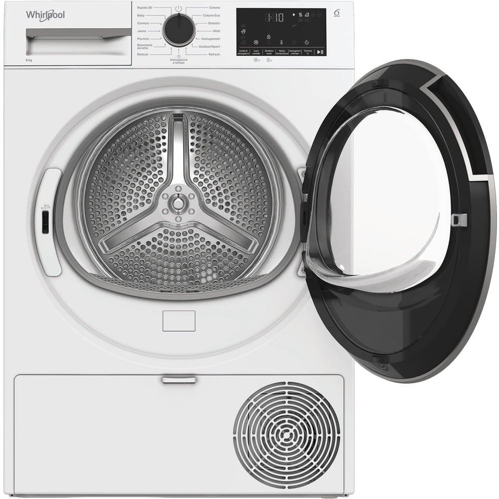 Un'asciugatrice Whirlpool bianca con la porta aperta. Il tamburo interno è visibile. Un pannello di controllo e uno sfiato circolare sono in basso.