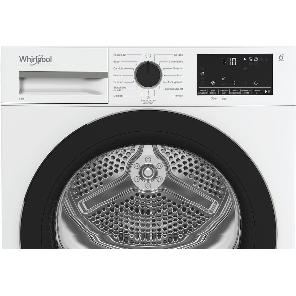 Un'asciugatrice Whirlpool bianca con porta nera. Ha un pannello di controllo con pulsanti e un display digitale che mostra 1:10.