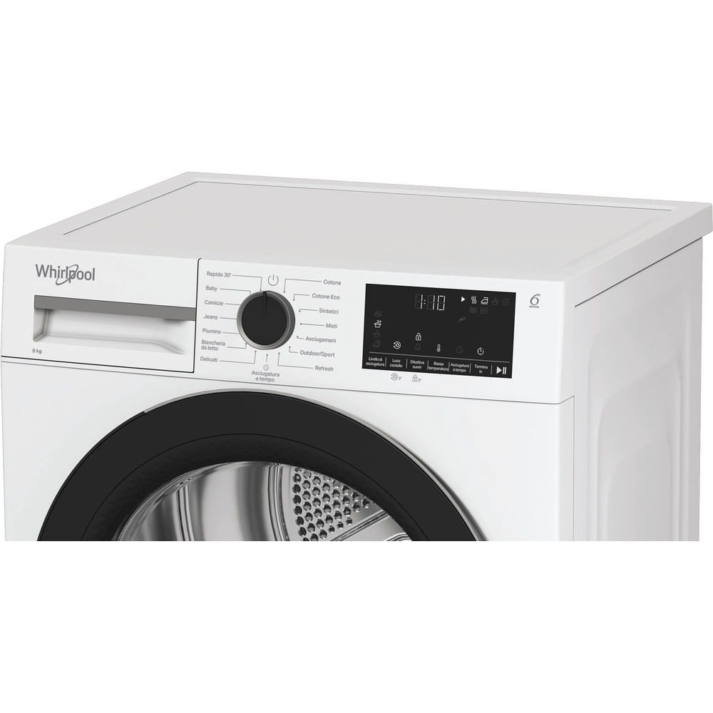 Un'asciugatrice Whirlpool bianca con porta nera. Ha un pannello di controllo con pulsanti, un quadrante e un display digitale.