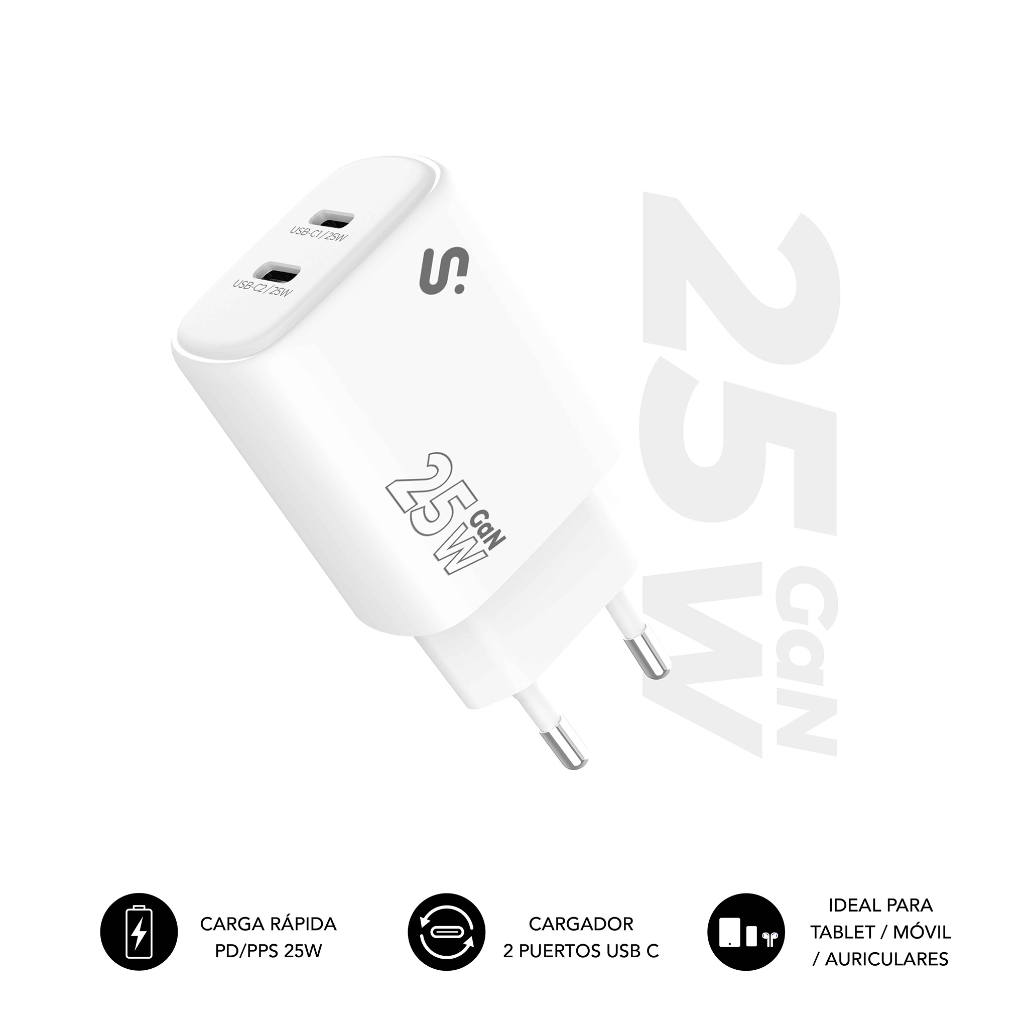 Un cargador USB-C blanco con el logo de la marca, salida de 25W y dos puertos USB-C. Texto: 'Carga Rápida'.