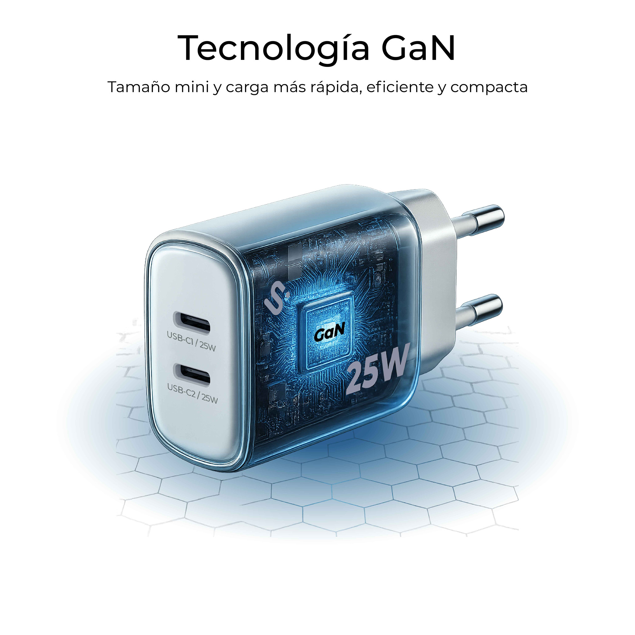 Un cargador GaN blanco y transparente con dos puertos USB-C y una clasificación de 25W, con la palabra 'GaN' resaltada.