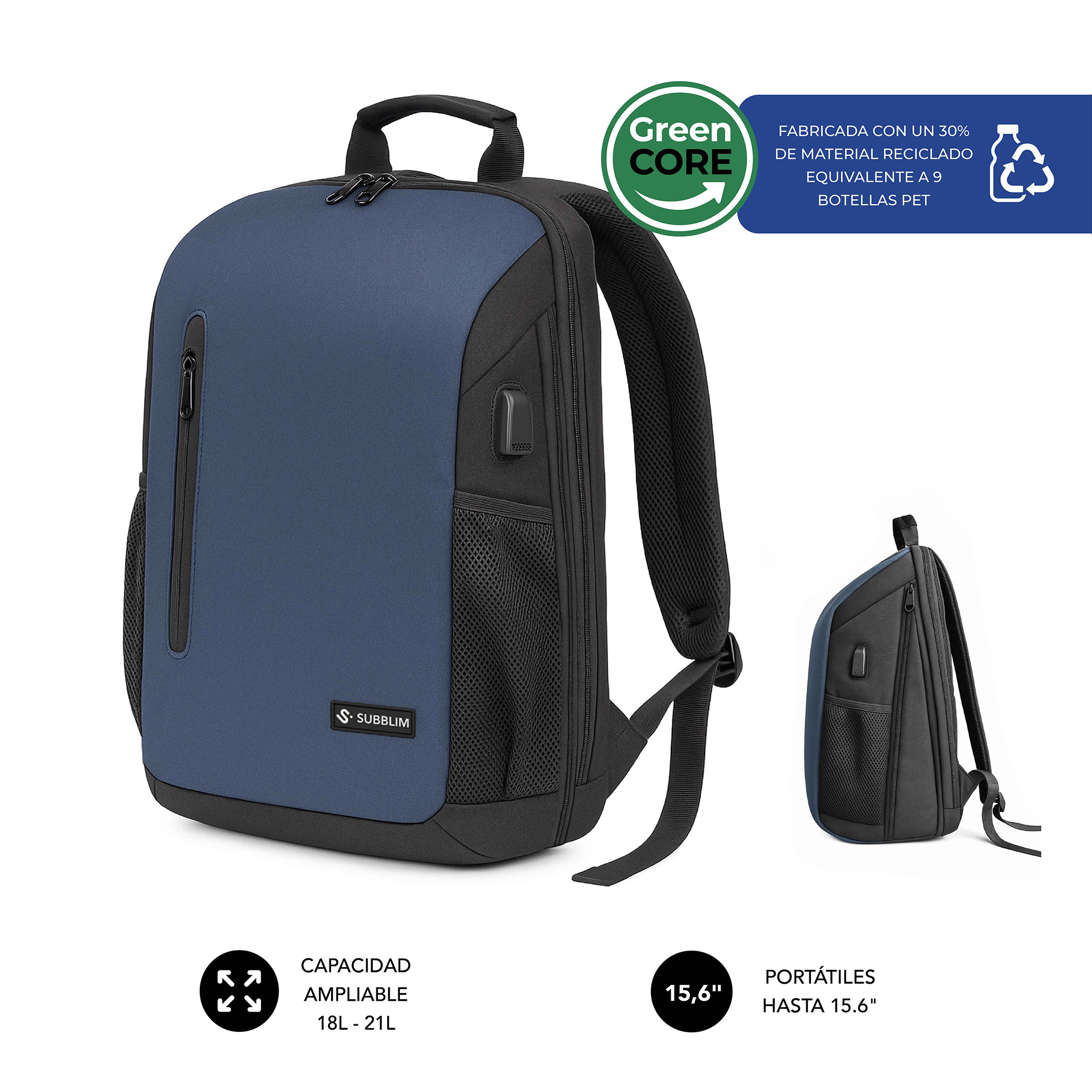 Zaino blu e nero con logo 'Green Core', capacità espandibile e può contenere un laptop fino a 15,6".