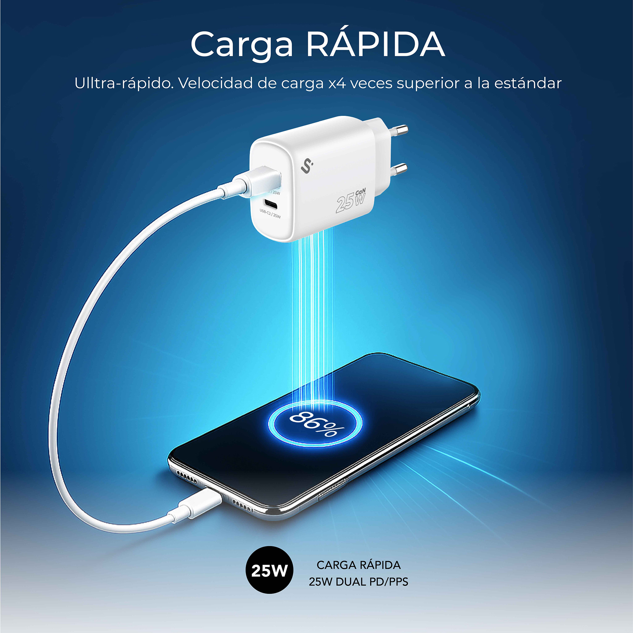 Un cargador blanco con un cable conectado a un teléfono que se carga al 86%. Fondo azul con texto 'Carga Rápida'.