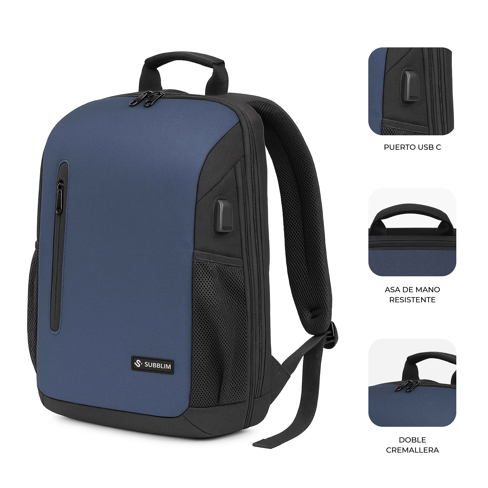 Uno zaino blu e nero con più scomparti, una porta USB e una maniglia. Sono visibili anche le tasche laterali.