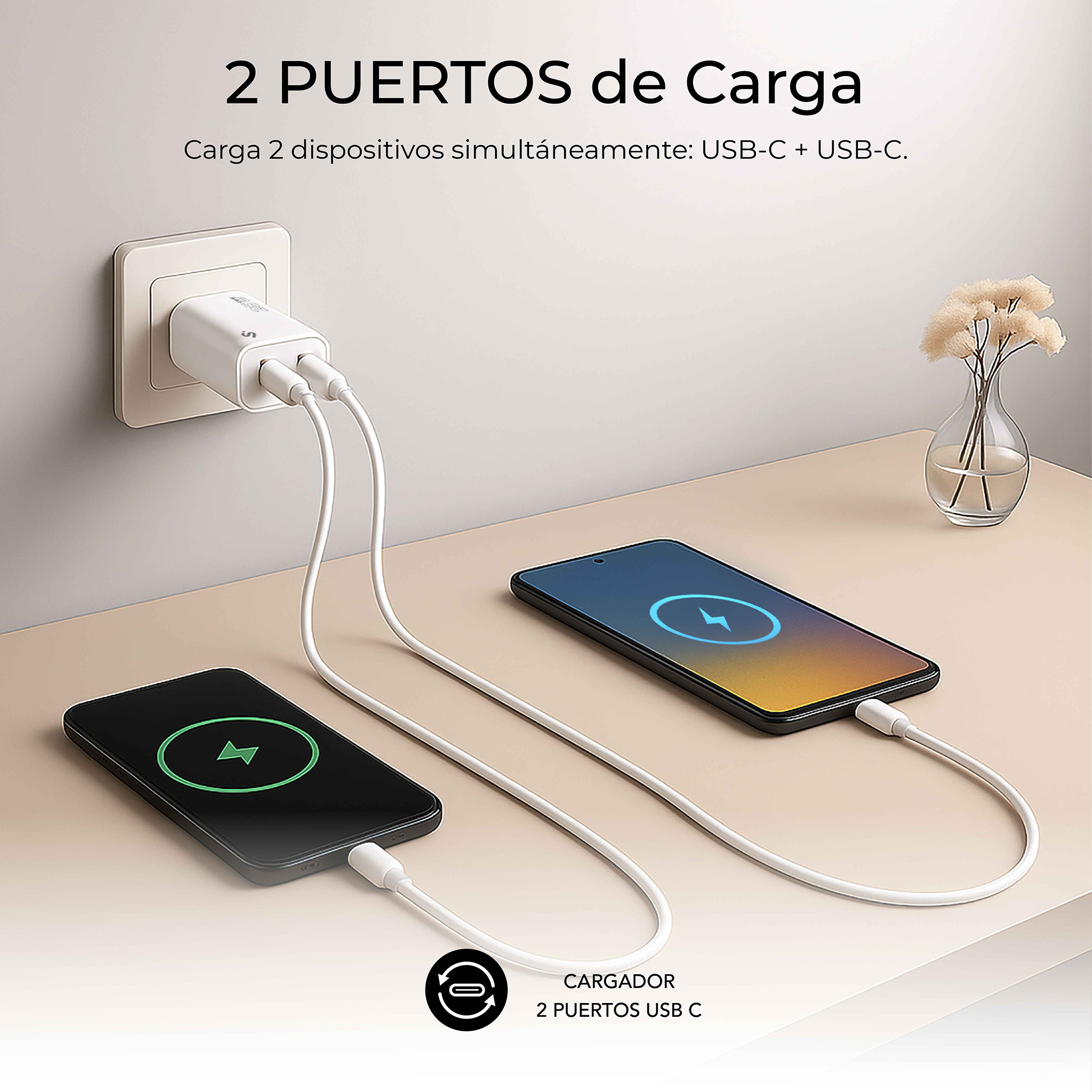 Dos teléfonos cargándose mediante cables USB-C desde un cargador de pared. Los teléfonos muestran un icono de carga.