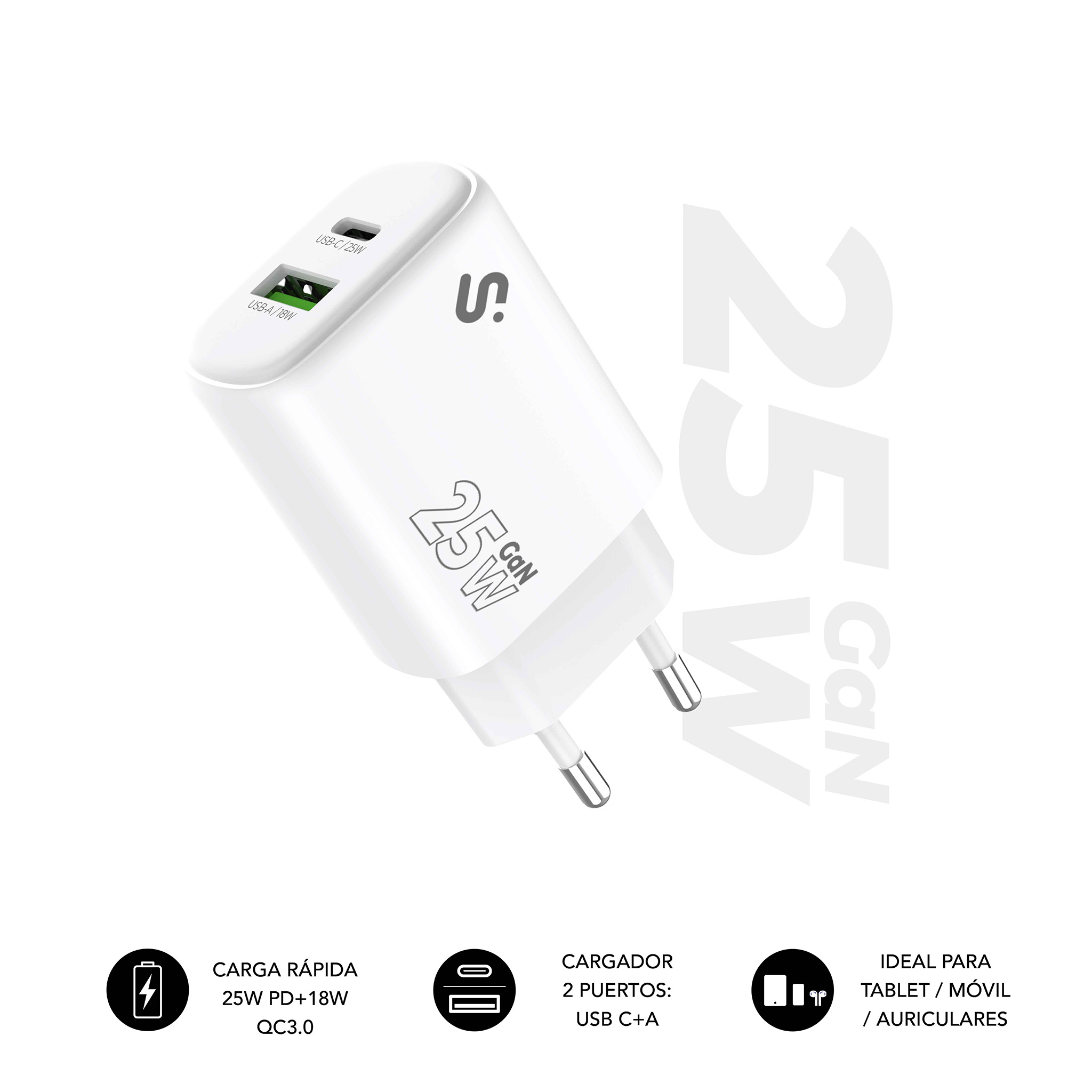 Cargador GaN blanco de 25W con dos puertos, USB-C y USB-A. Incluye carga rápida, ideal para tablets y dispositivos móviles.
