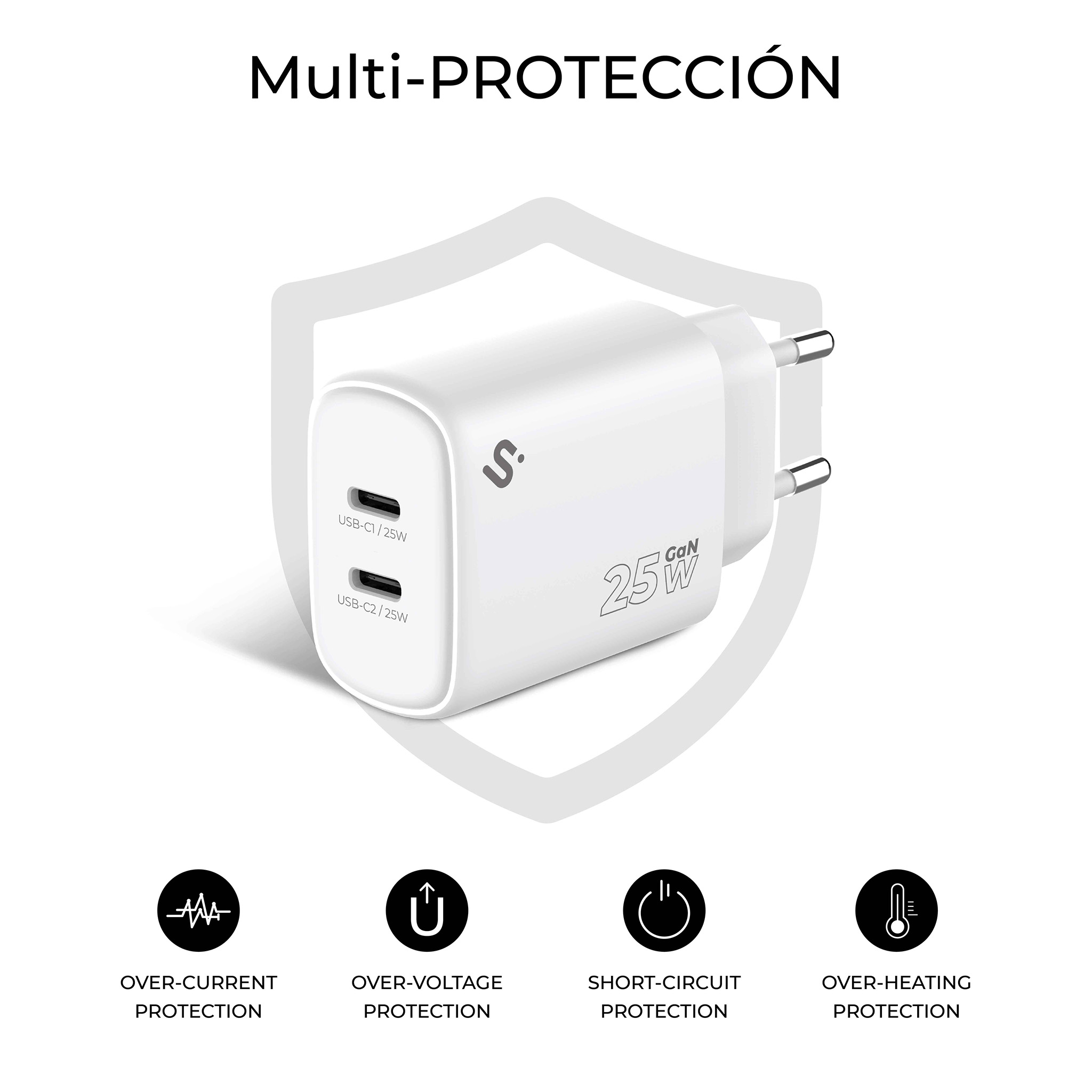 Un cargador blanco con puertos USB-C duales y una etiqueta de 25W. El texto dice 'Multi-PROTECCIÓN' y se muestran iconos de protección.