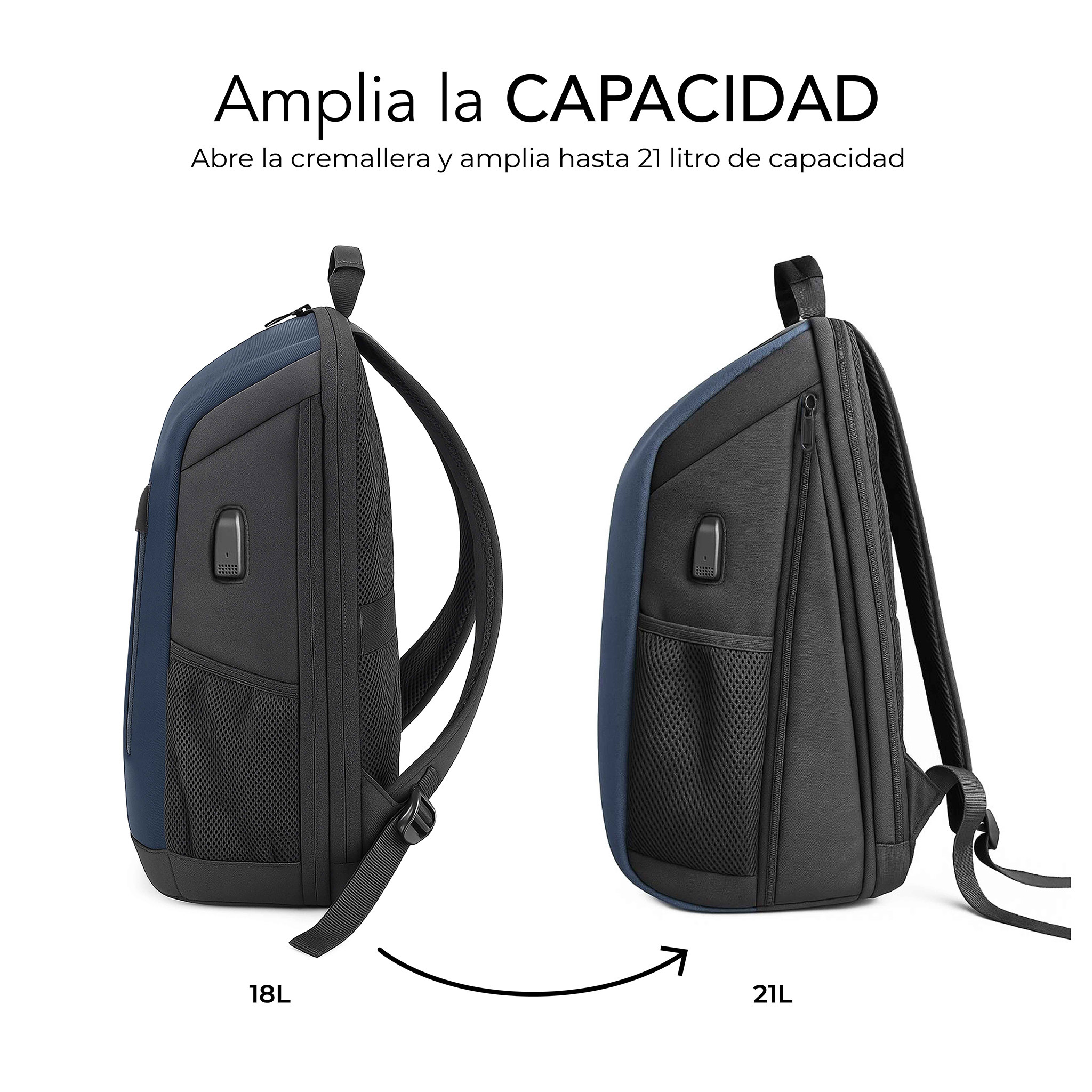 Due zaini, 18L e 21L, con cerniera e dettagli blu. Testo: 'Ampli la CAPACIDAD'.