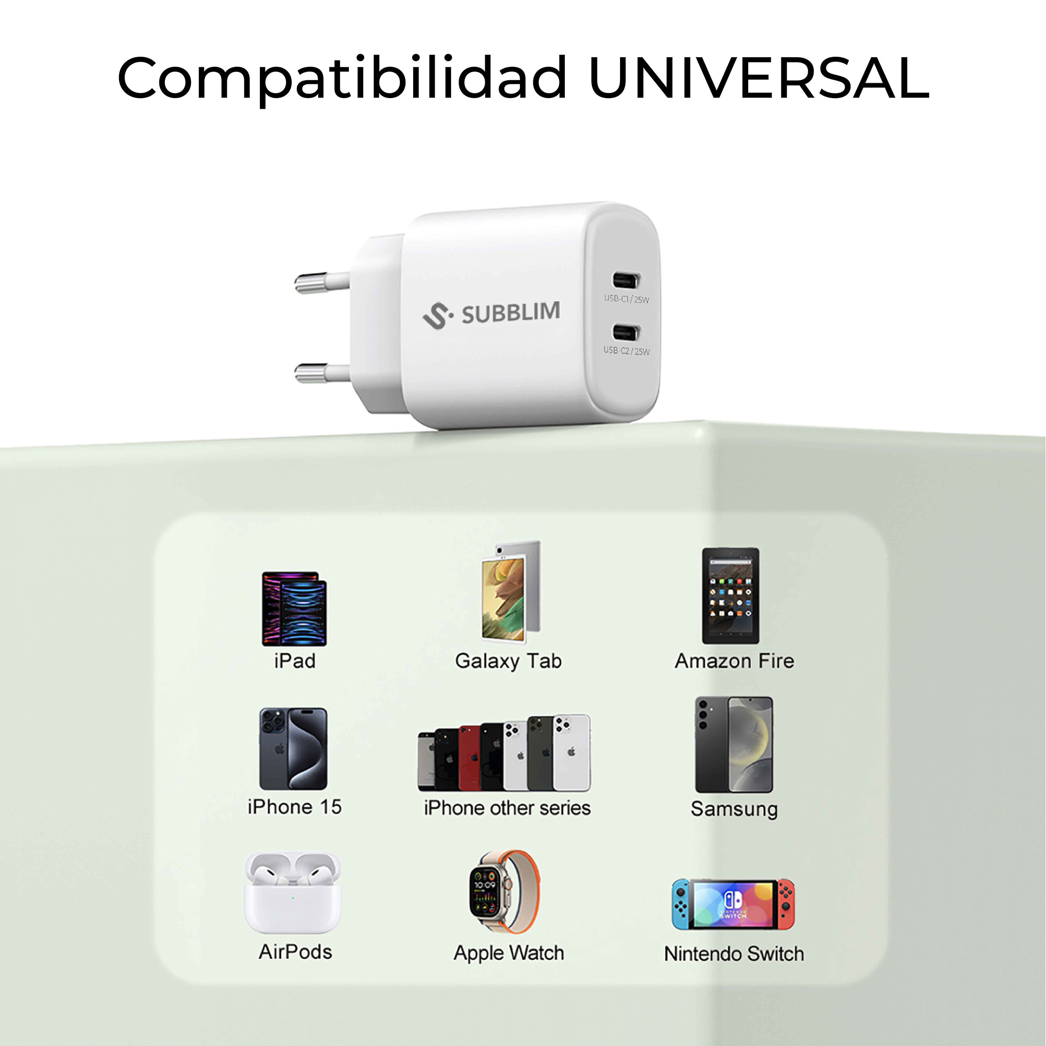 Cargador blanco con puertos USB, dispositivos compatibles: iPad, Galaxy Tab, Amazon Fire, iPhone, Samsung, AirPods, Apple Watch y Nintendo Switch.