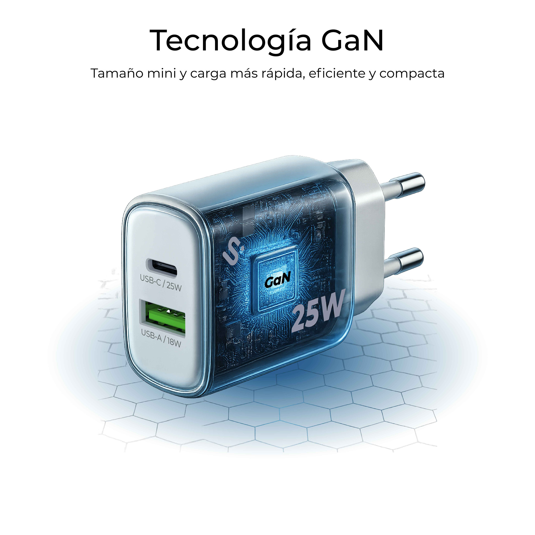Un cargador GaN blanco y transparente. Tiene puertos USB-C y USB-A. El cargador está sobre un fondo blanco.
