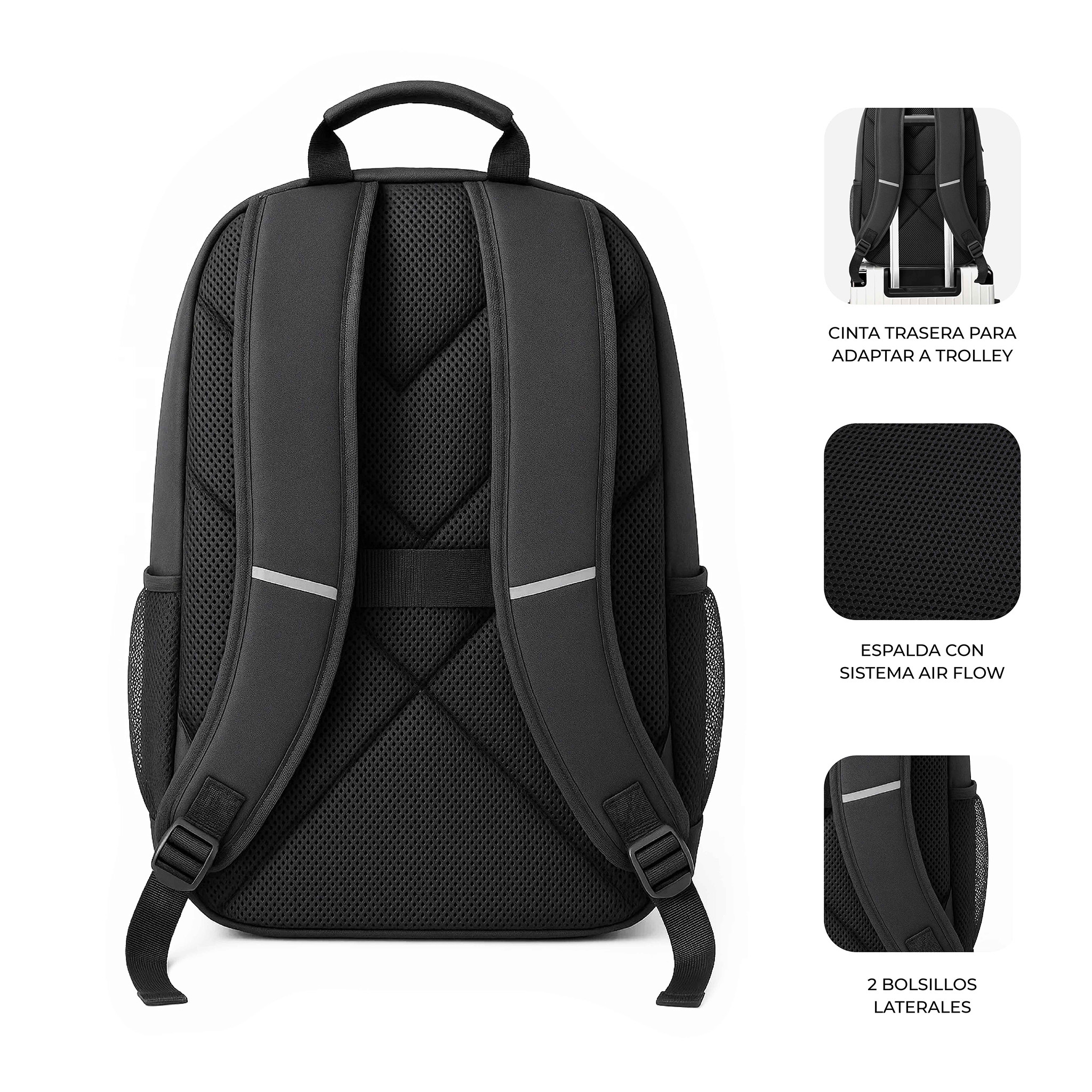 Zaino nero con schienale e spallacci in rete. Tasche laterali, cinghia per trolley e sistema di flusso d'aria.