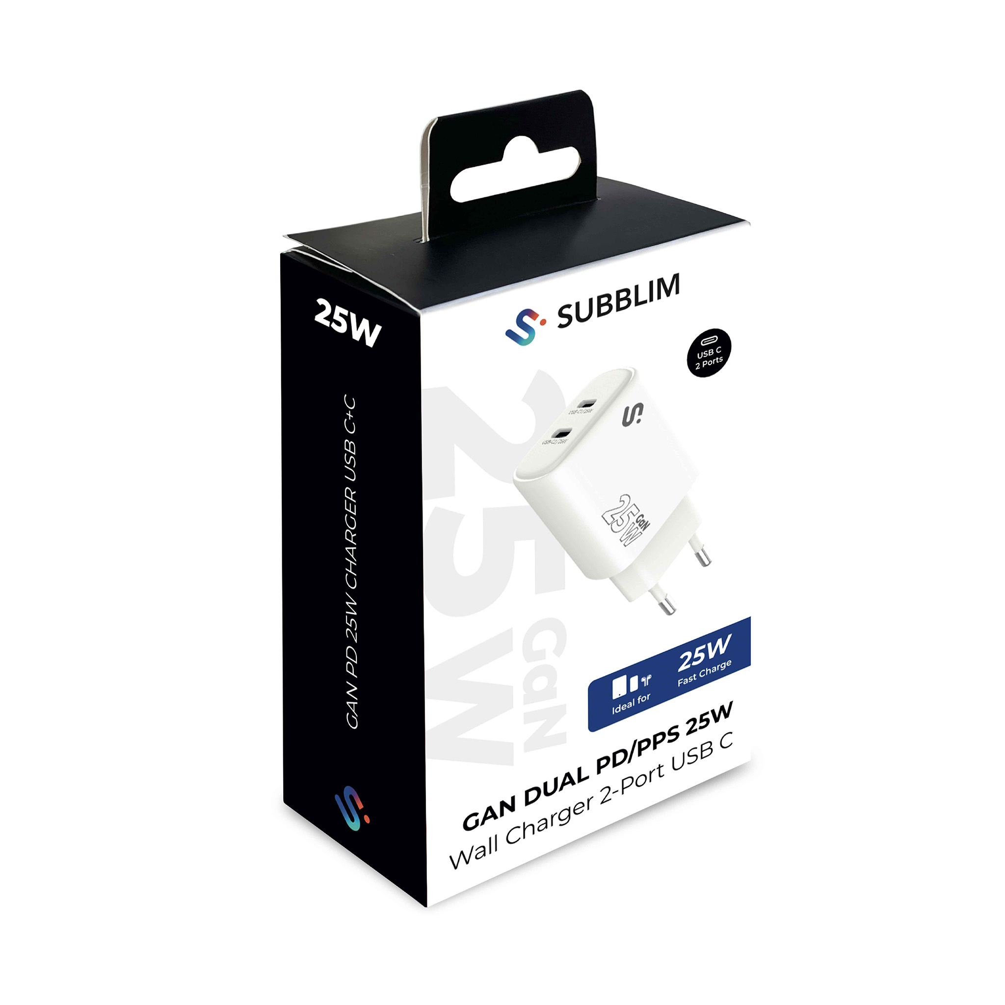 Una caja blanca muestra un cargador USB-C de 25W. La marca es Subblim. El cargador tiene 2 puertos y está etiquetado como carga rápida.