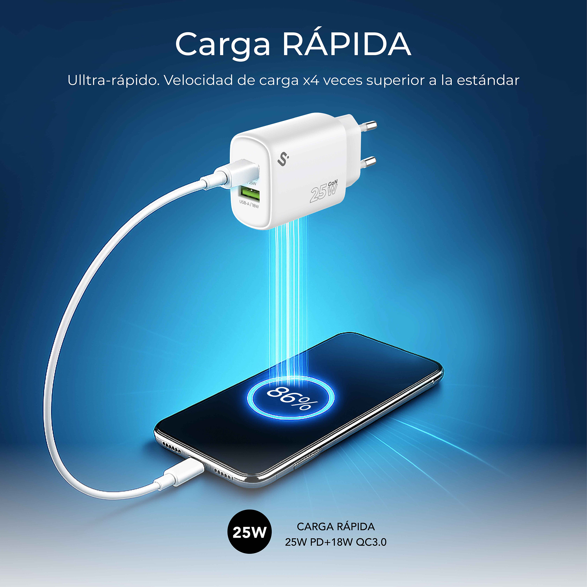 Cargador blanco cargando un teléfono. El teléfono muestra 86% cargado. El texto dice 'Carga Rápida' y '25W'.