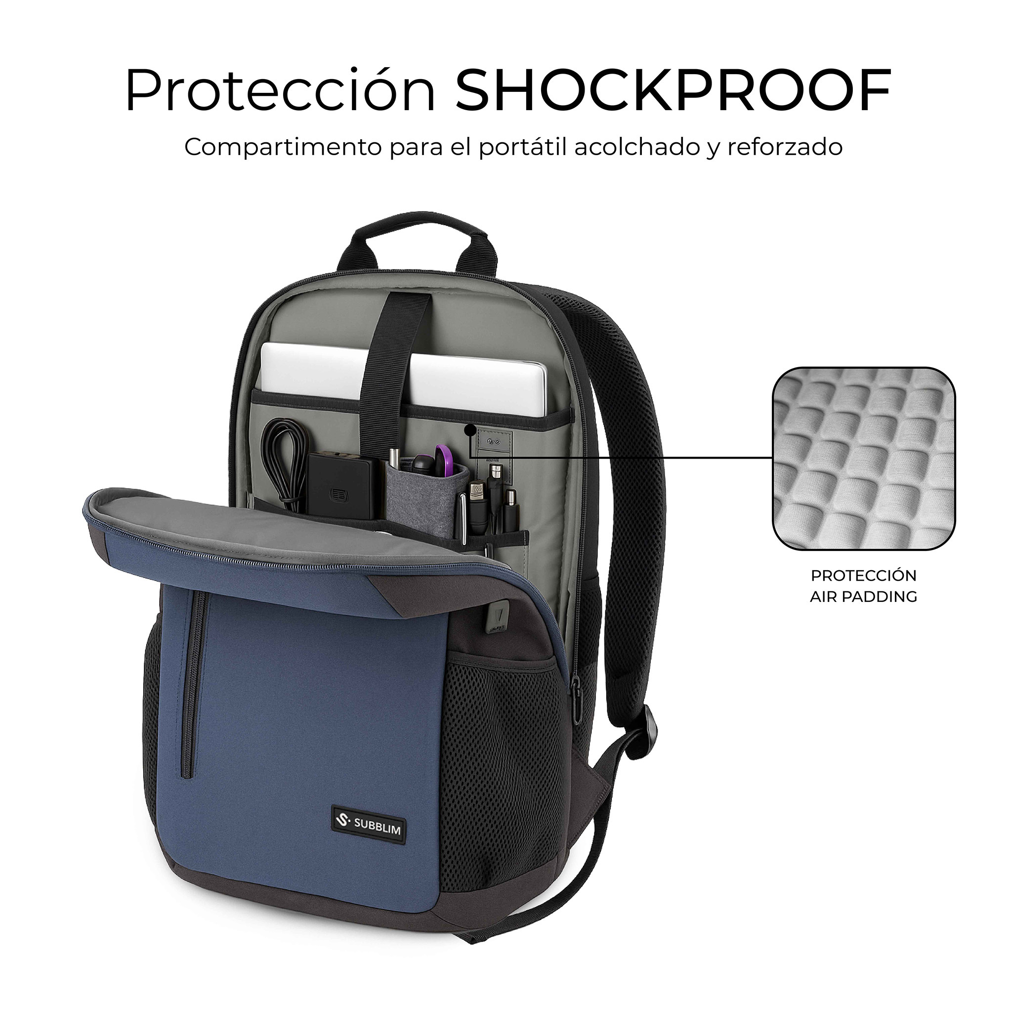 Zaino aperto con laptop, caricabatterie e accessori. Design blu e nero, schienale imbottito e protezione antiurto.